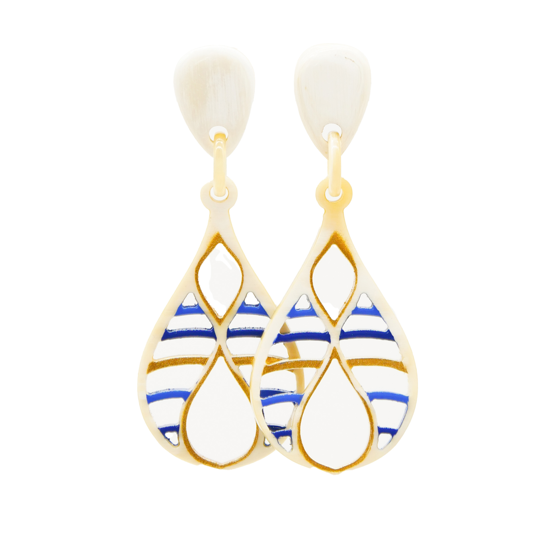 "Craft Art",  Ohrring "Teardrop", weißes Horn, Lack blau-gold 