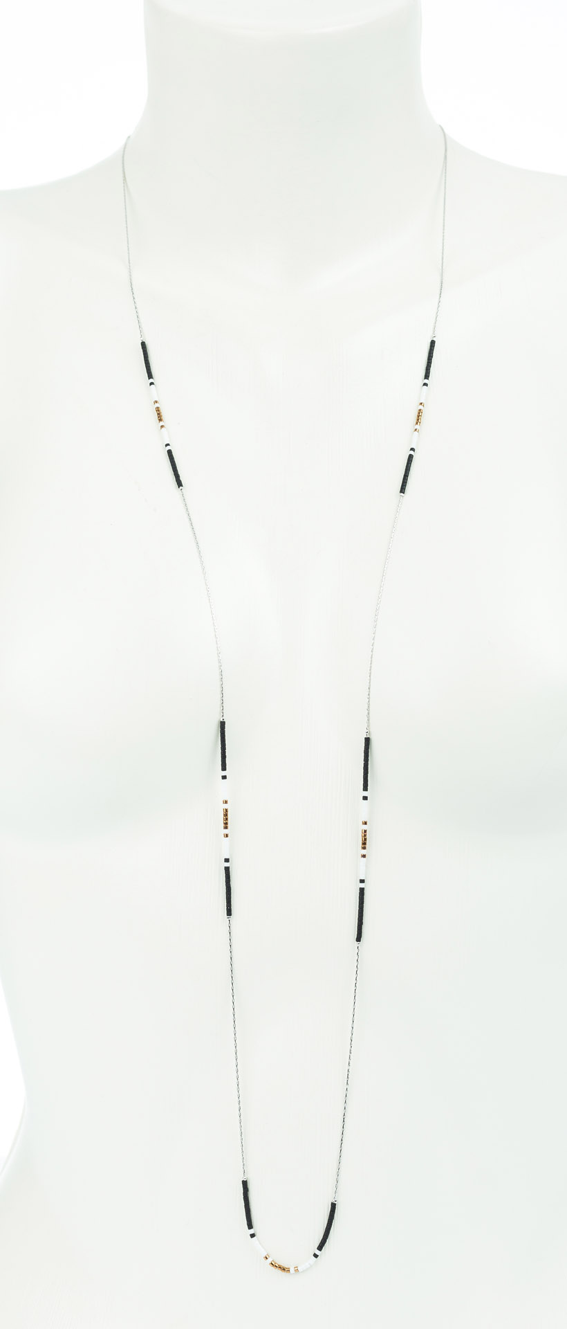 "Petite Beads" feine lange Metallkette mit japan. Rocaillesperlen, schwarz-weiß, silberfarben