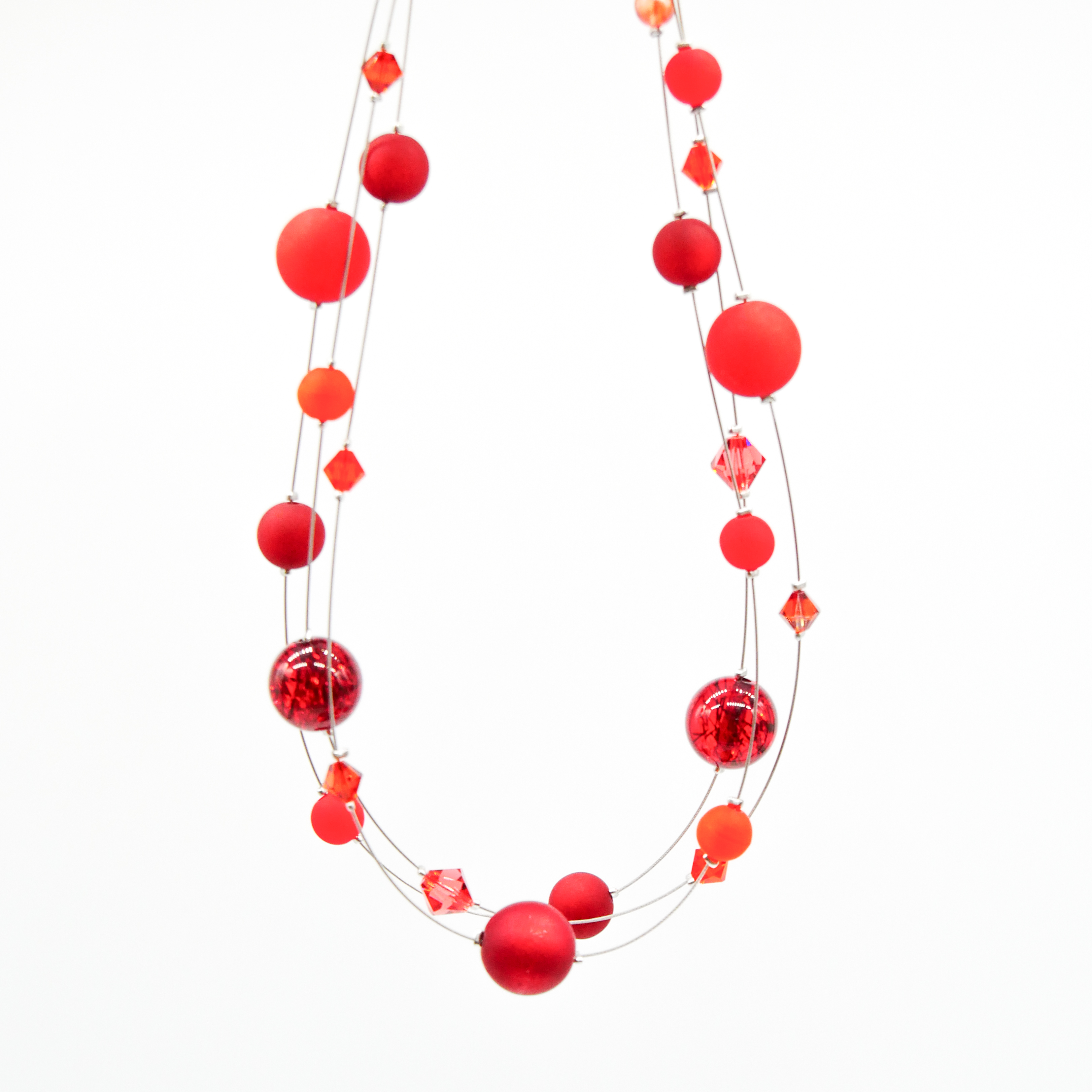 “Color Explosion”, short 3 strand necklace with polaris beads - sunset red “Color Explosion”, short 3 strand necklace with polaris beads - sunset red