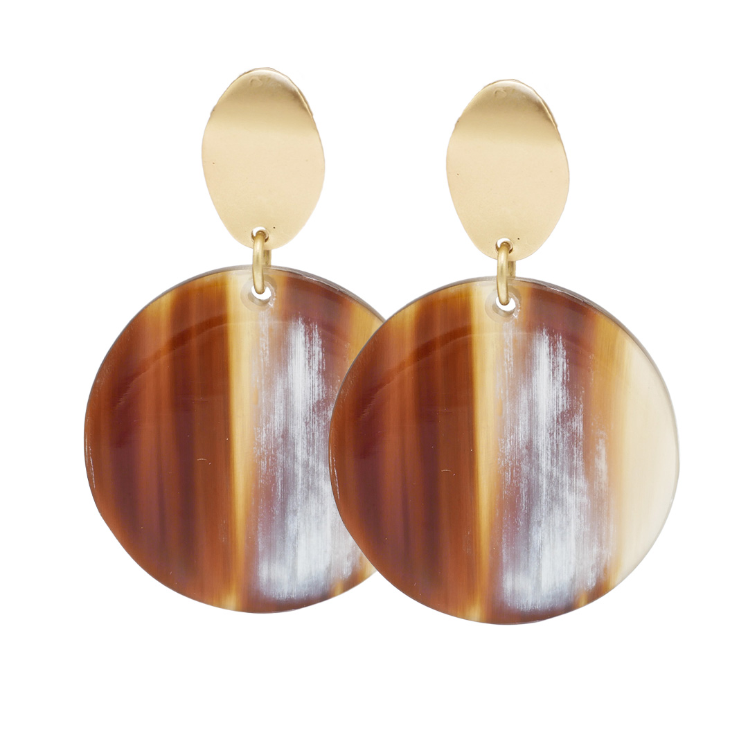 "Art Craft" earrings, round golden metal top with brown horn element