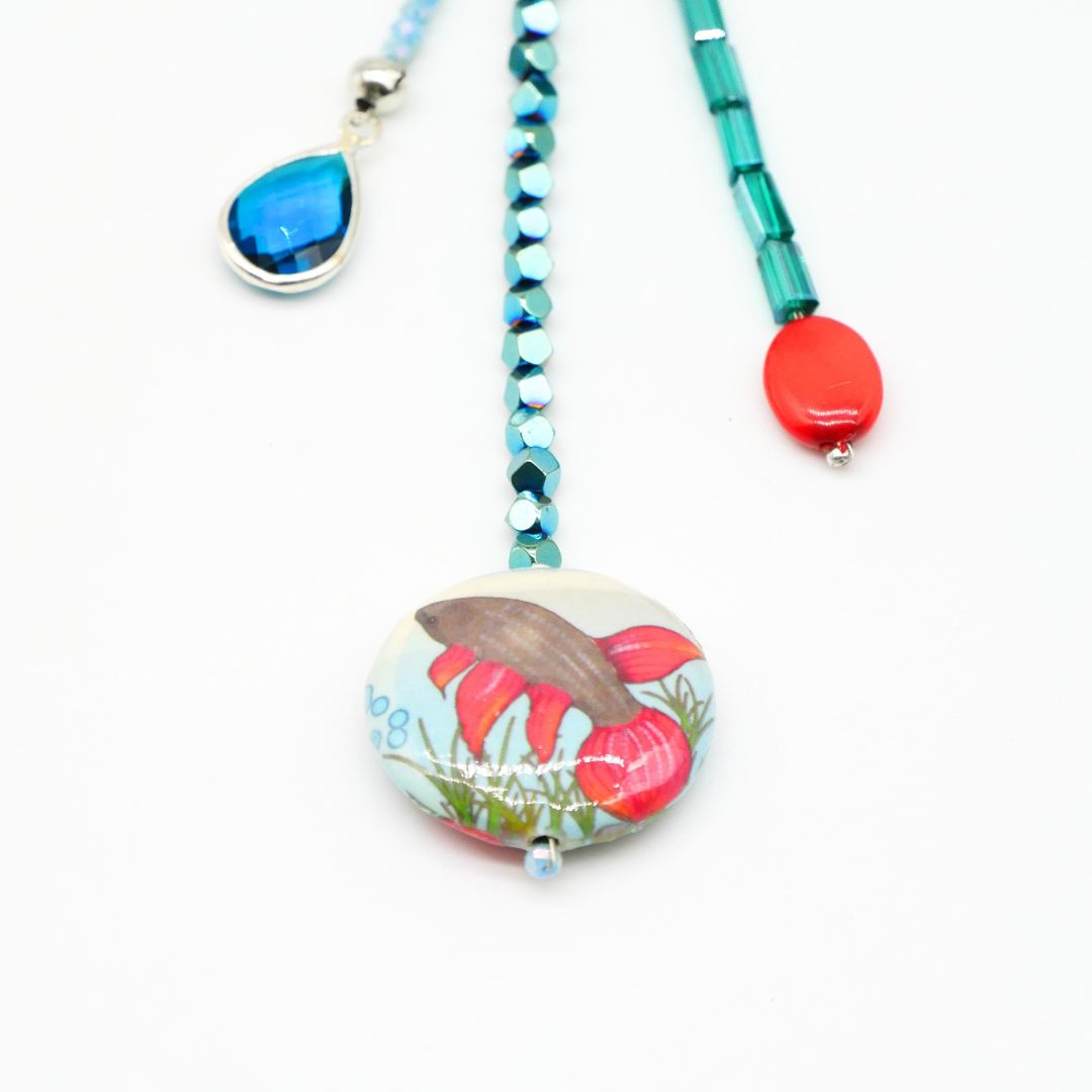 "Lucky Pendant" Anhänger, 3 Stränge Glasperlen mit Abschlussperle, grün - blau 