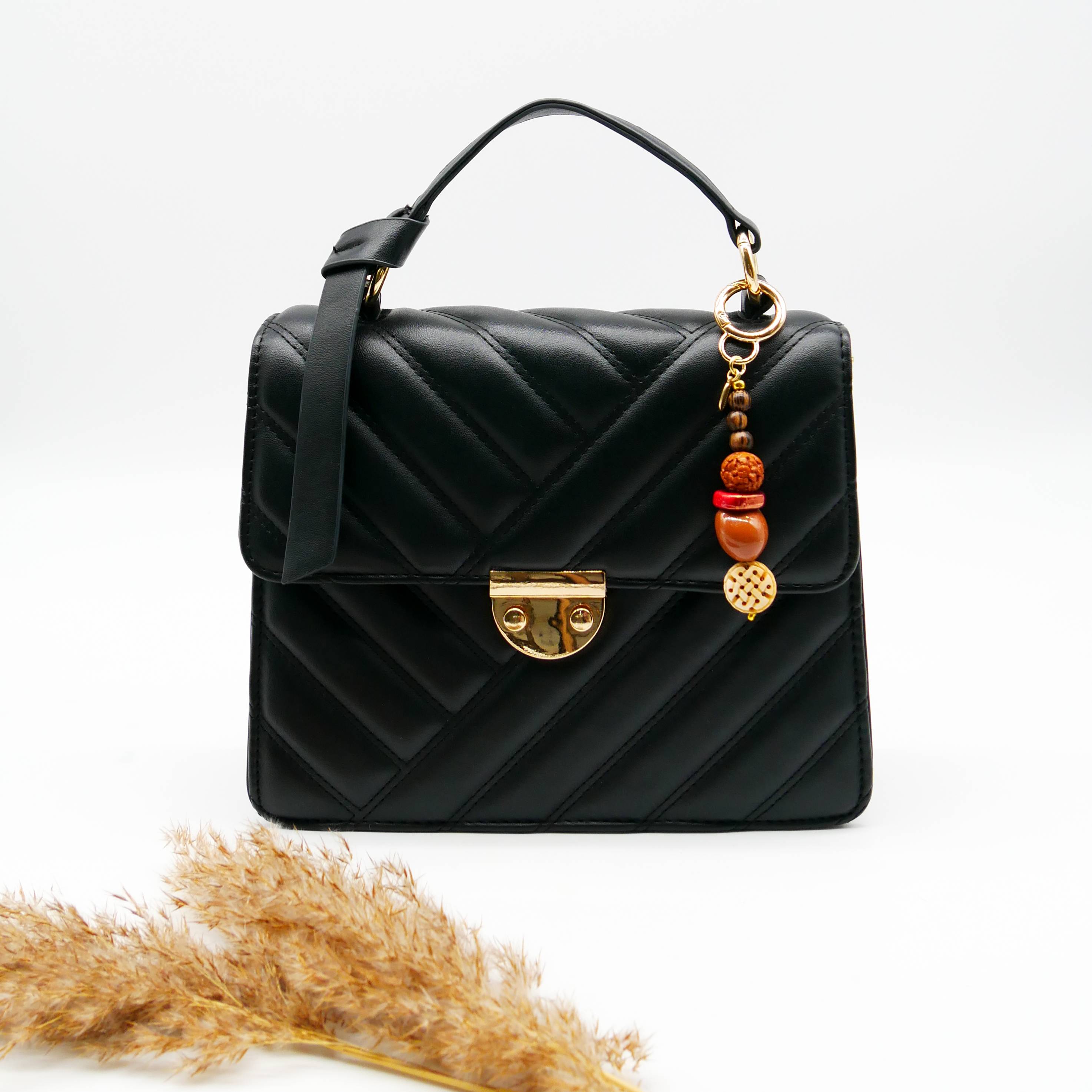 "Lucky Pendant" Anhänger, 1 Strang Holz-Samenperle, Keramik- und Knochenperle 