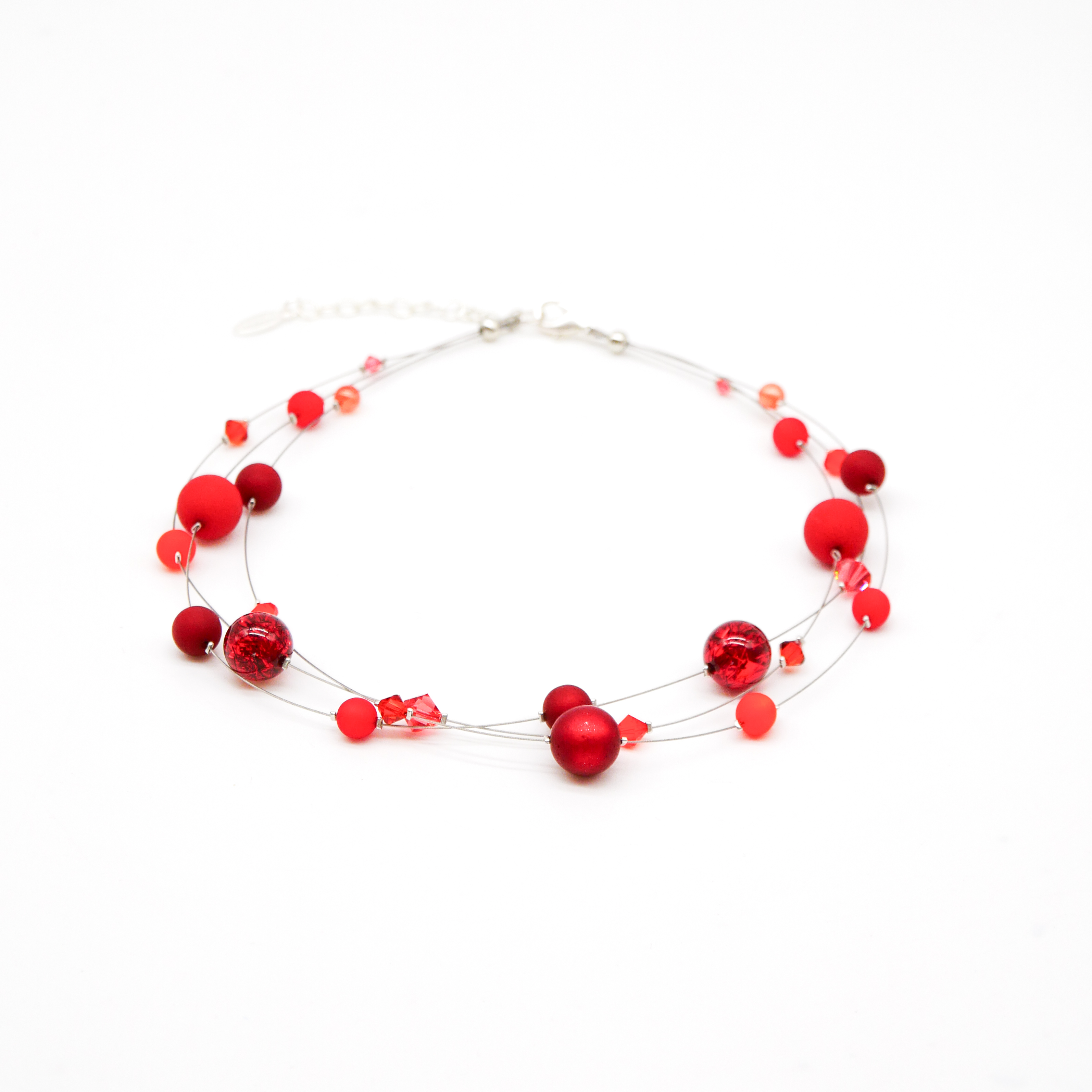 “Color Explosion”, short 3 strand necklace with polaris beads - sunset red “Color Explosion”, short 3 strand necklace with polaris beads - sunset red