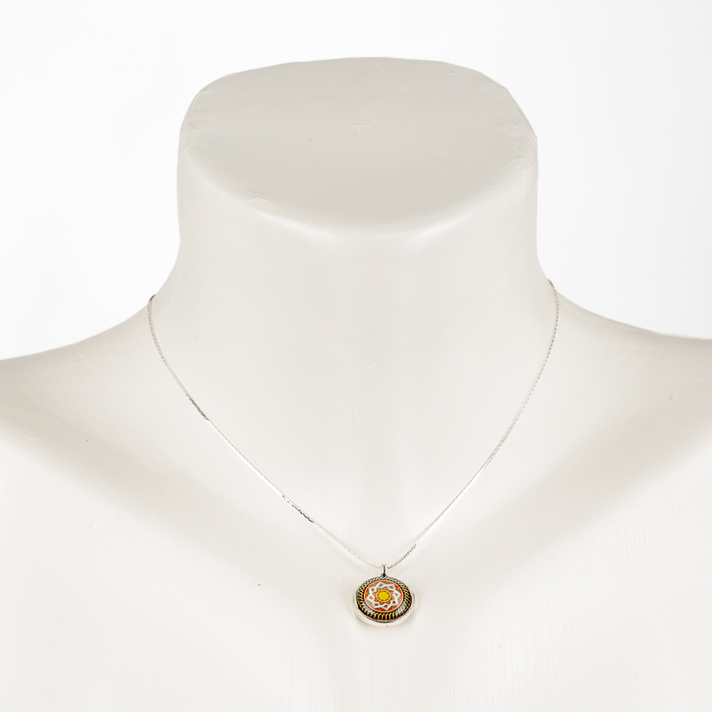 Necklace "Mandala", short, dainty, with glass pendant, black-gold-orange