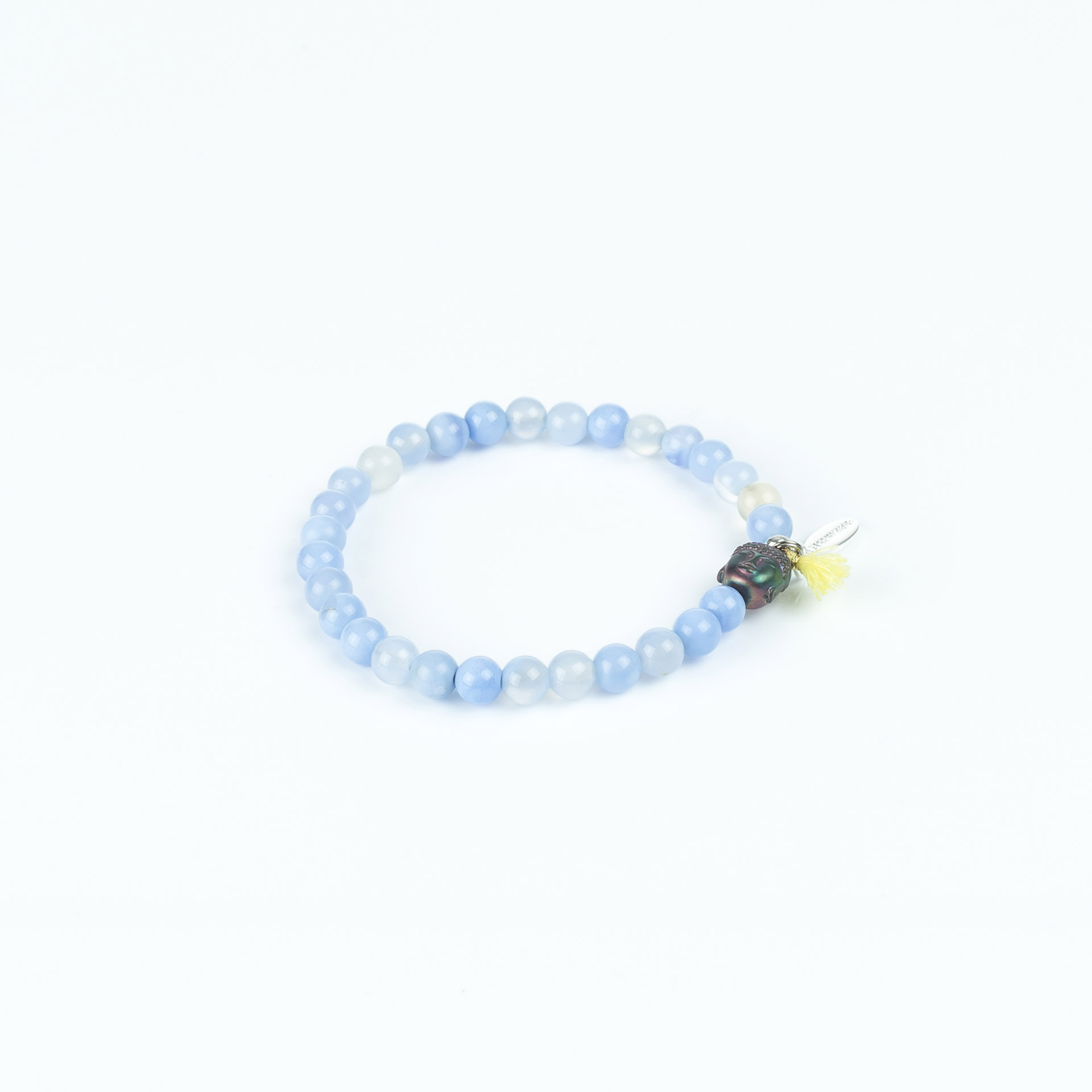 "Buddha" Armband auf Gummi, wasserblauer Achat mit Hämatit Buddha