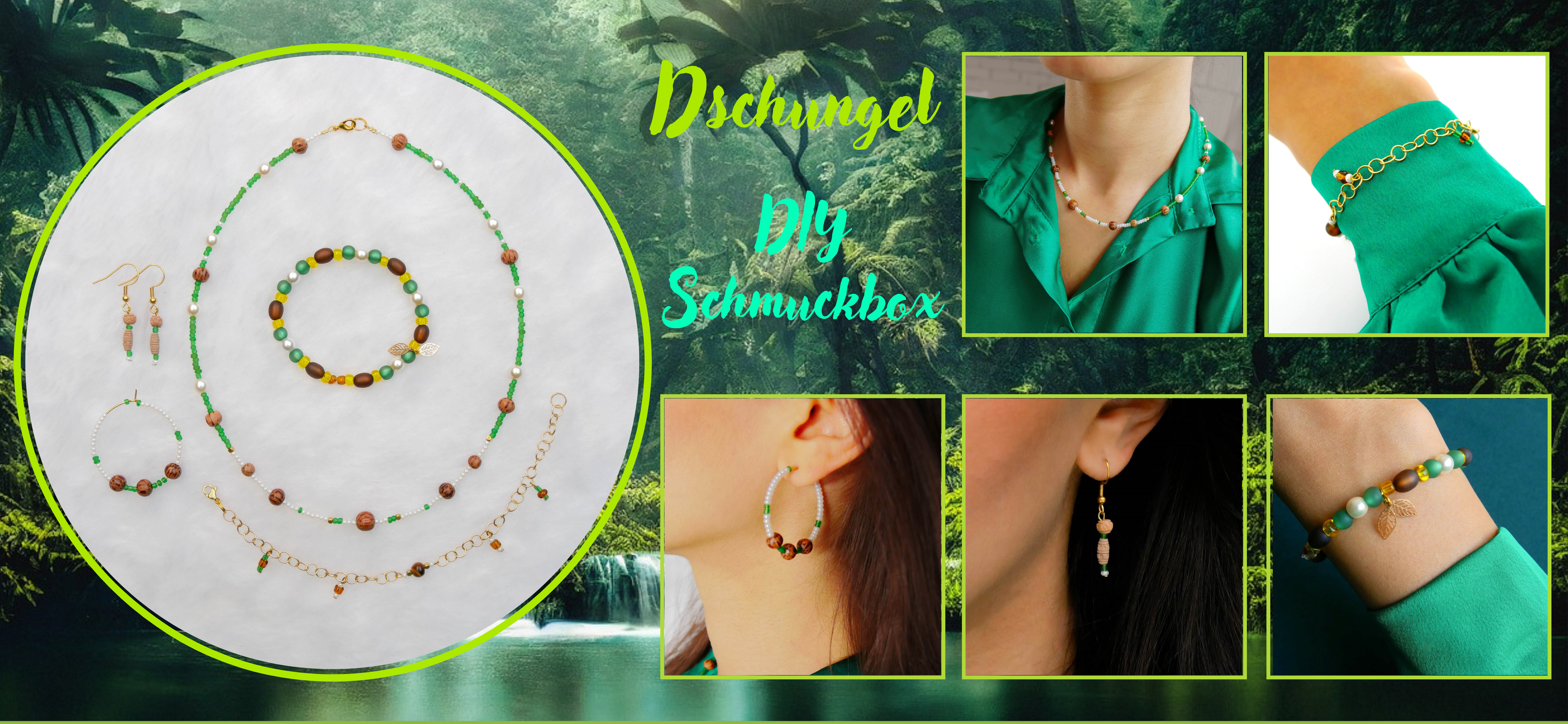  DIY Schmuckbox, Dschungel, grüne Töne 2x Kette, 2x Armband, 2x Ohrring 