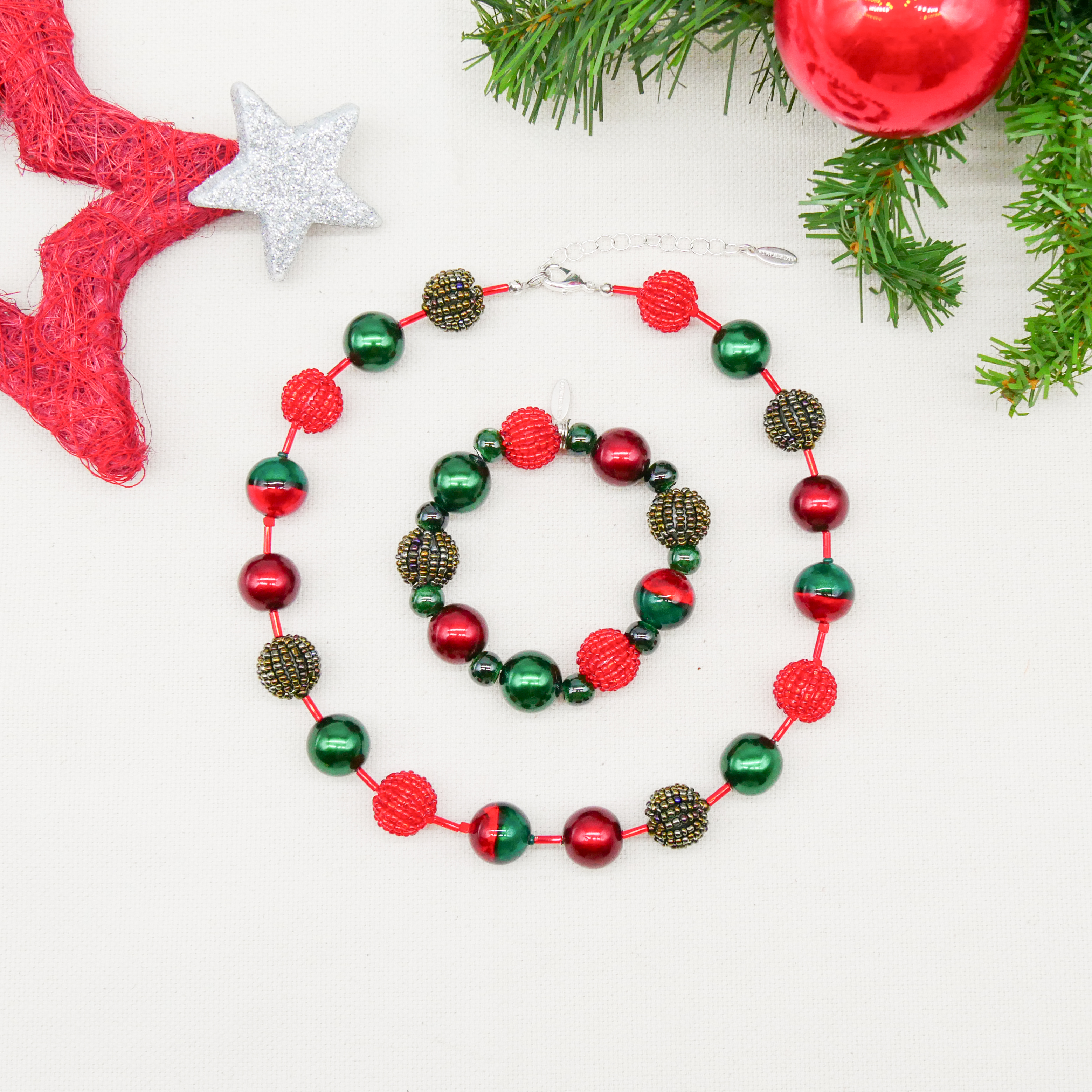  "Fine Bead Art", "Kette Christmas", Lampenperlen, Glasperlen rot-grün
