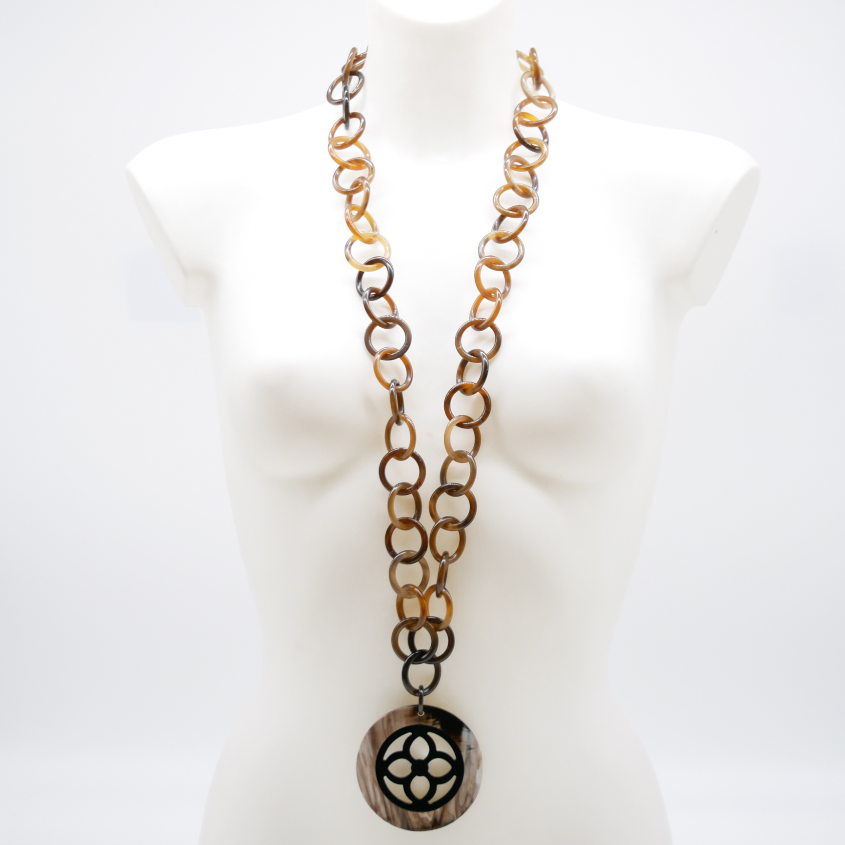 "Craft Art", horn necklace, long brown and black horn necklace with pendant