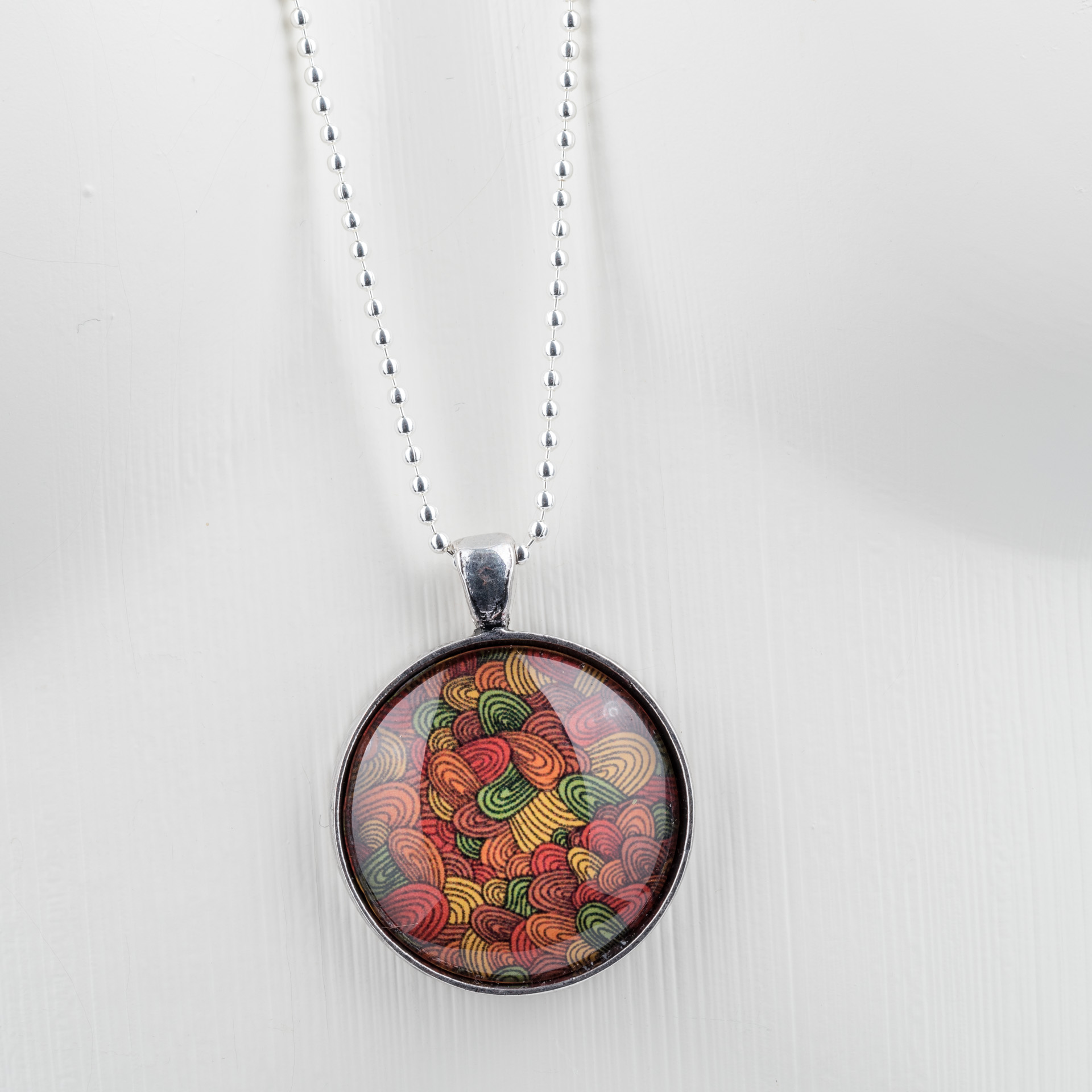 "Mandala" long necklace, dainty, with glass pendant, autumnal tongue tangle