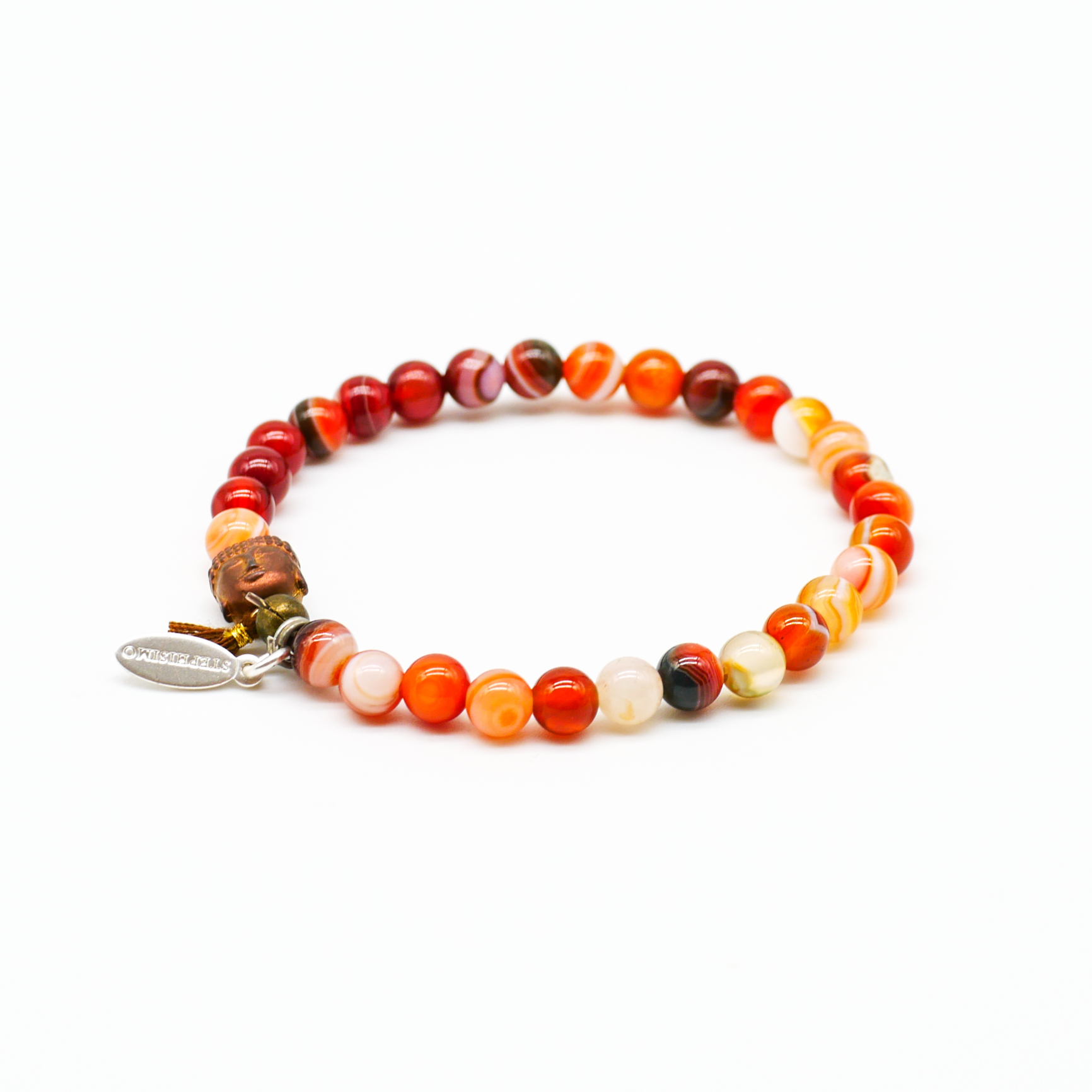 "Buddha" Armband auf Gummi, moccafarbener Achat mit Hämatit Buddha