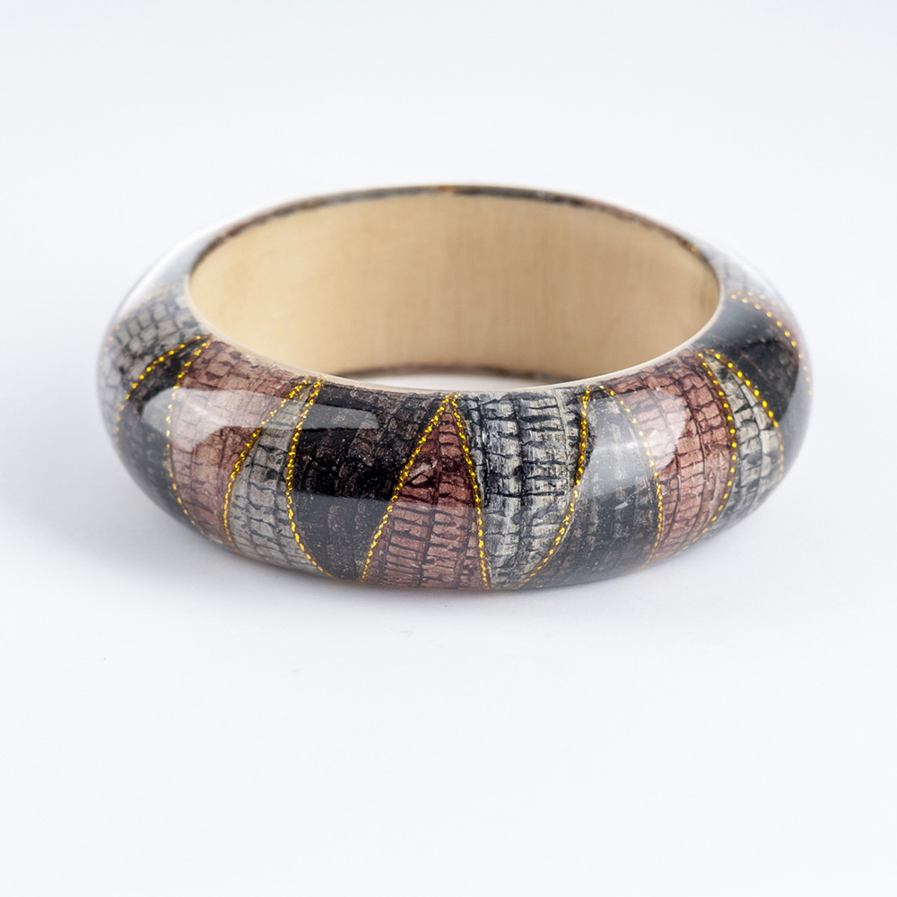 bangle "Fine Bead Art" precious mixed materials in resin on wood, brown-gold