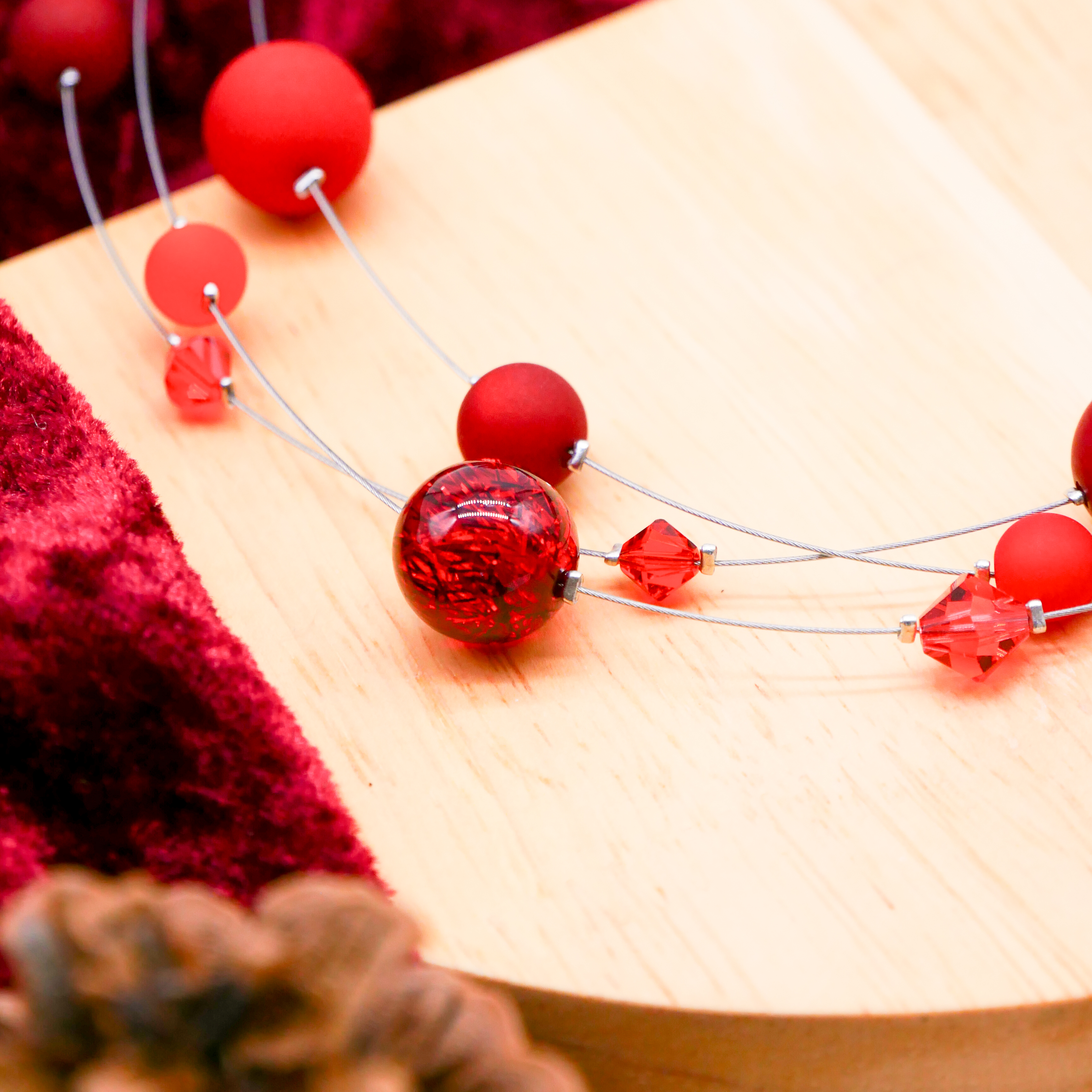 “Color Explosion”, short 3 strand necklace with polaris beads - sunset red “Color Explosion”, short 3 strand necklace with polaris beads - sunset red