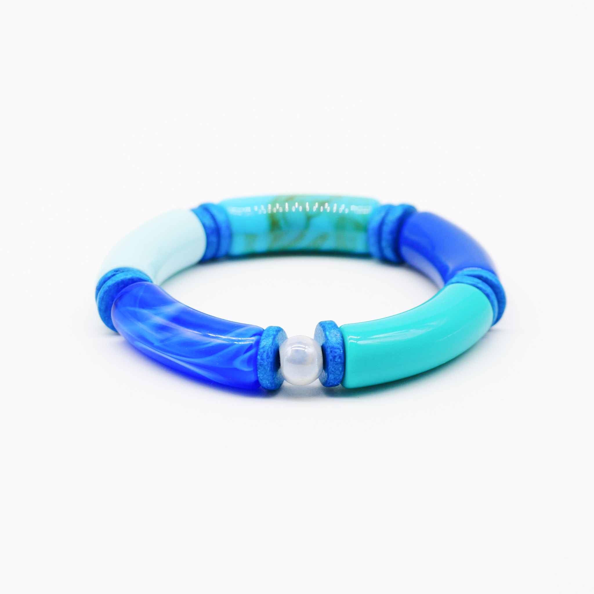 Armband "Tube" auf Gummi, gebogene Kunststoffelemente + Keramik, blau