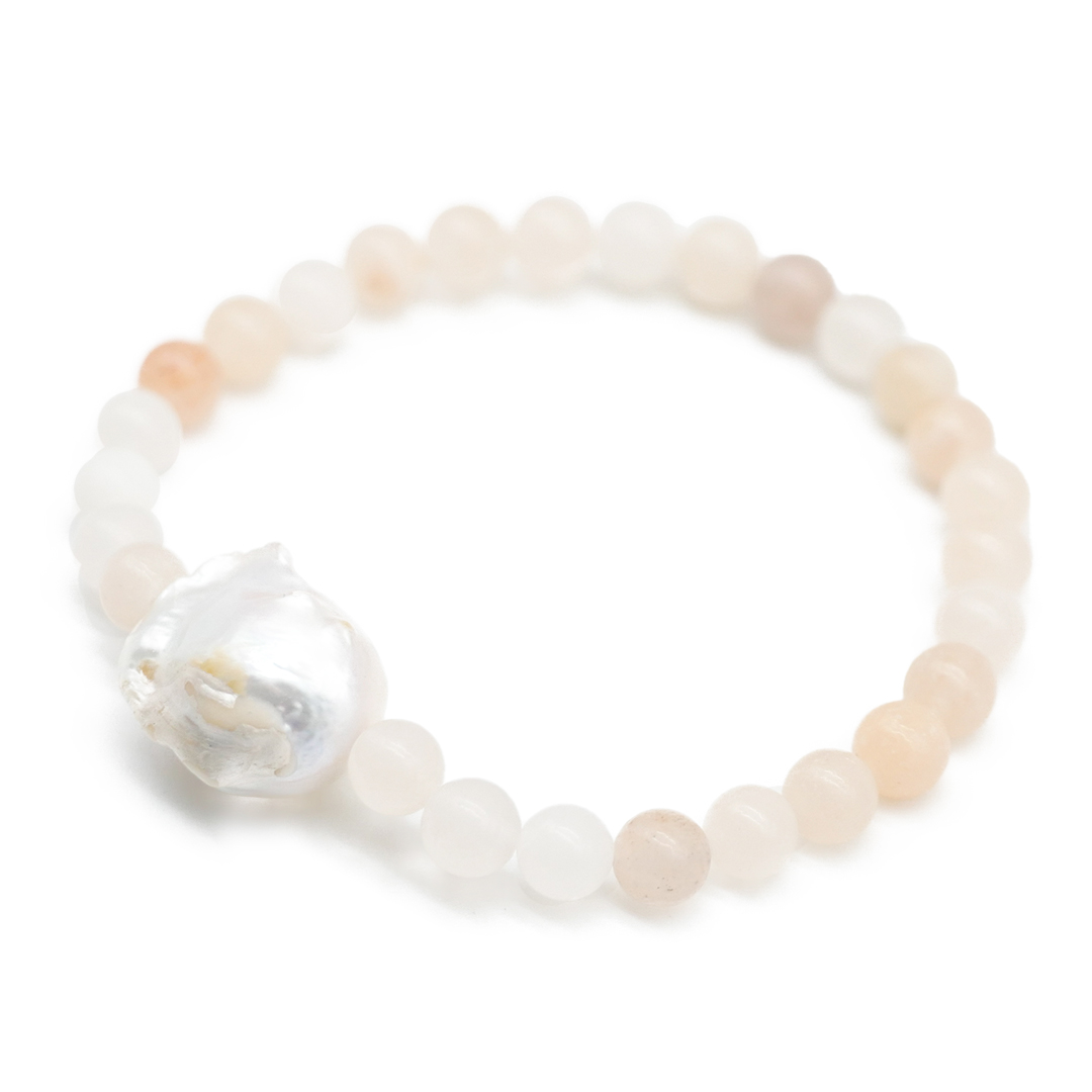 "Freshwater Pearls" Armband auf Gummi mit Mineralstein, rosa pastell + Barockperle