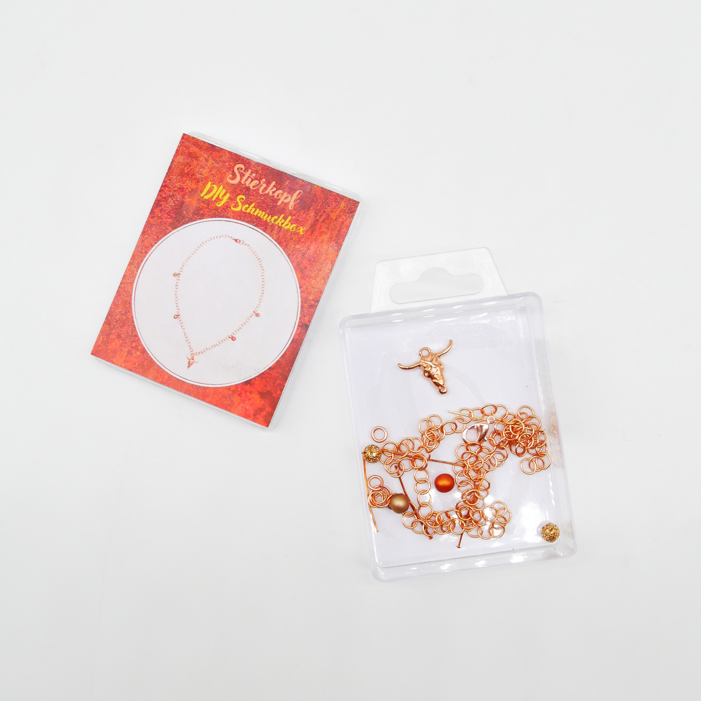 DIY kleine Schmuckbox, Kette Stierkopf rosévergoldete Kette mit Anhängern DIY kleine Schmuckbox, Kette Stierkopf rosévergoldete Kette mit Anhängern