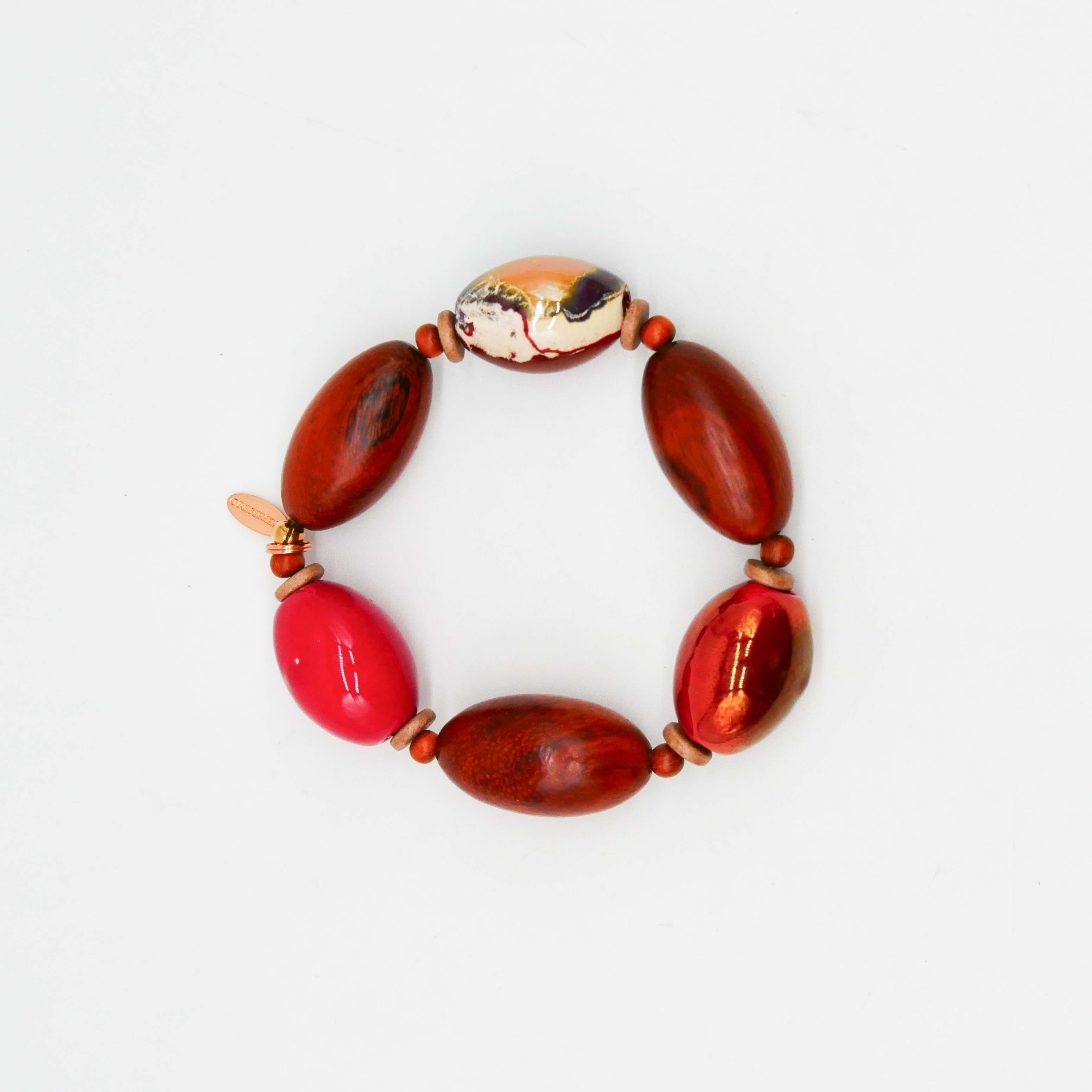 "Woodland" Armband auf Gummi "Olive", Bayong Holzoliven und Keramikoliven, rote Töne "Woodland" Armband auf Gummi "Olive", Bayong Holzoliven und Keramikoliven, rote Töne