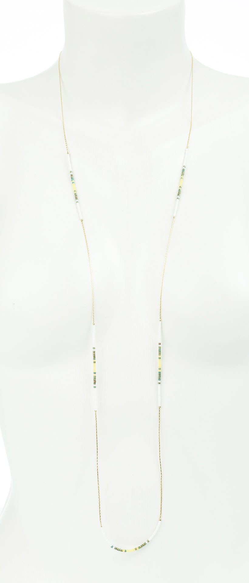 "Petite Beads" feine lange Metallkette mit japan. Rocaillesperlen, weiß-grün, vergoldet