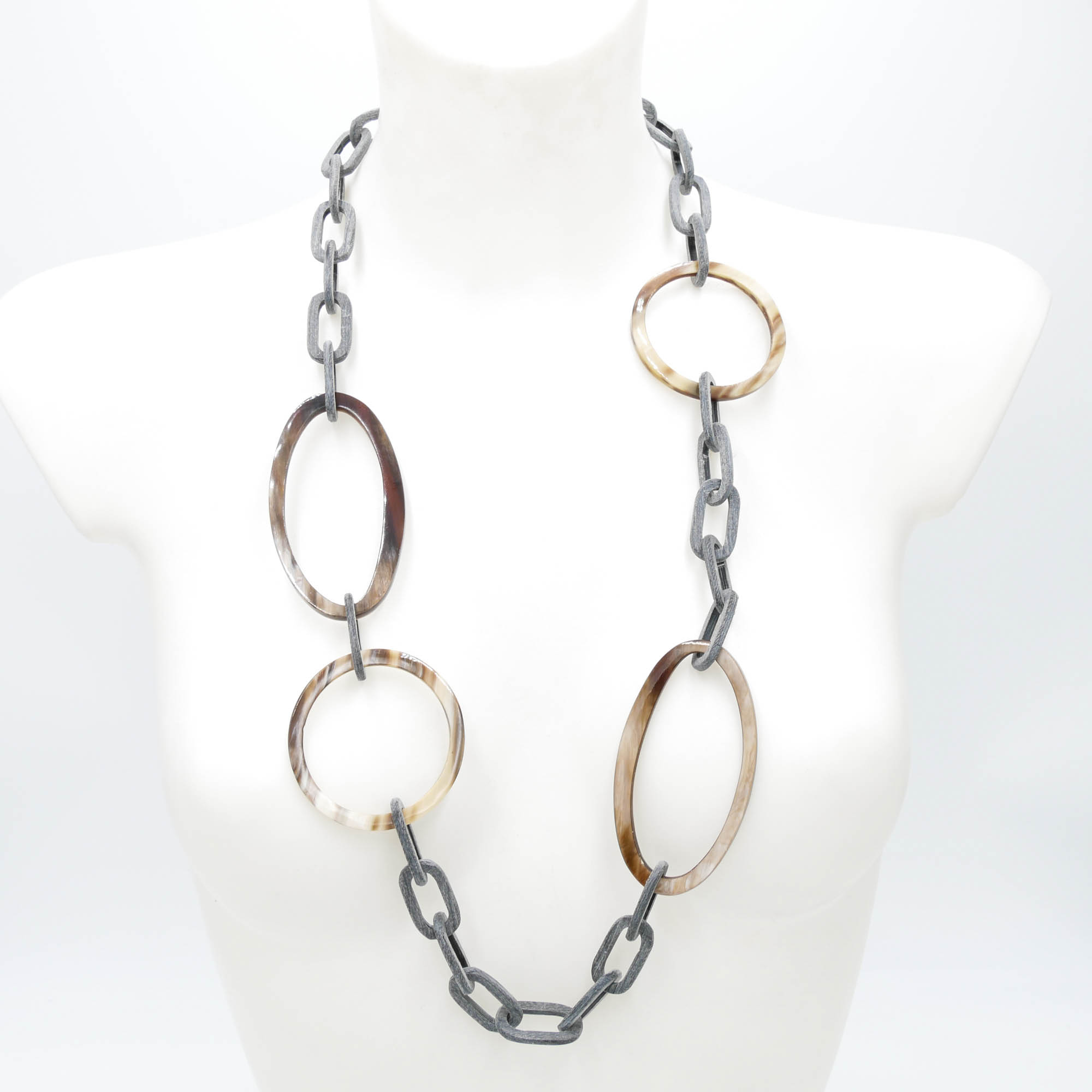 "Art Craft", Horn necklace, long with small grey horn elements and big brown geometric horn elements