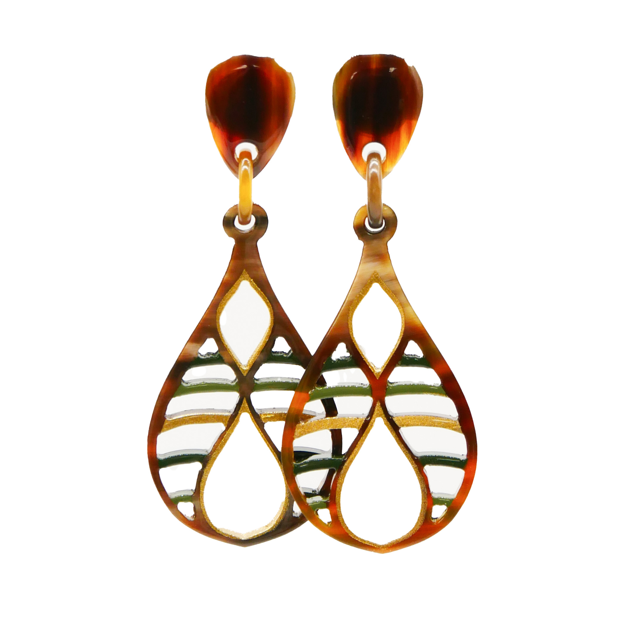 "Craft Art",  Ohrring "Teardrop", braunes afrikanisches Horn, Lack gold-grün 