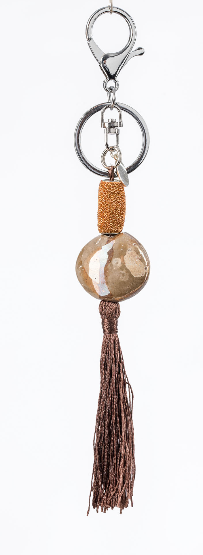 "Lucky Pendant" Pendant - silver colored with ceramic disc - light brown and tassel - brown