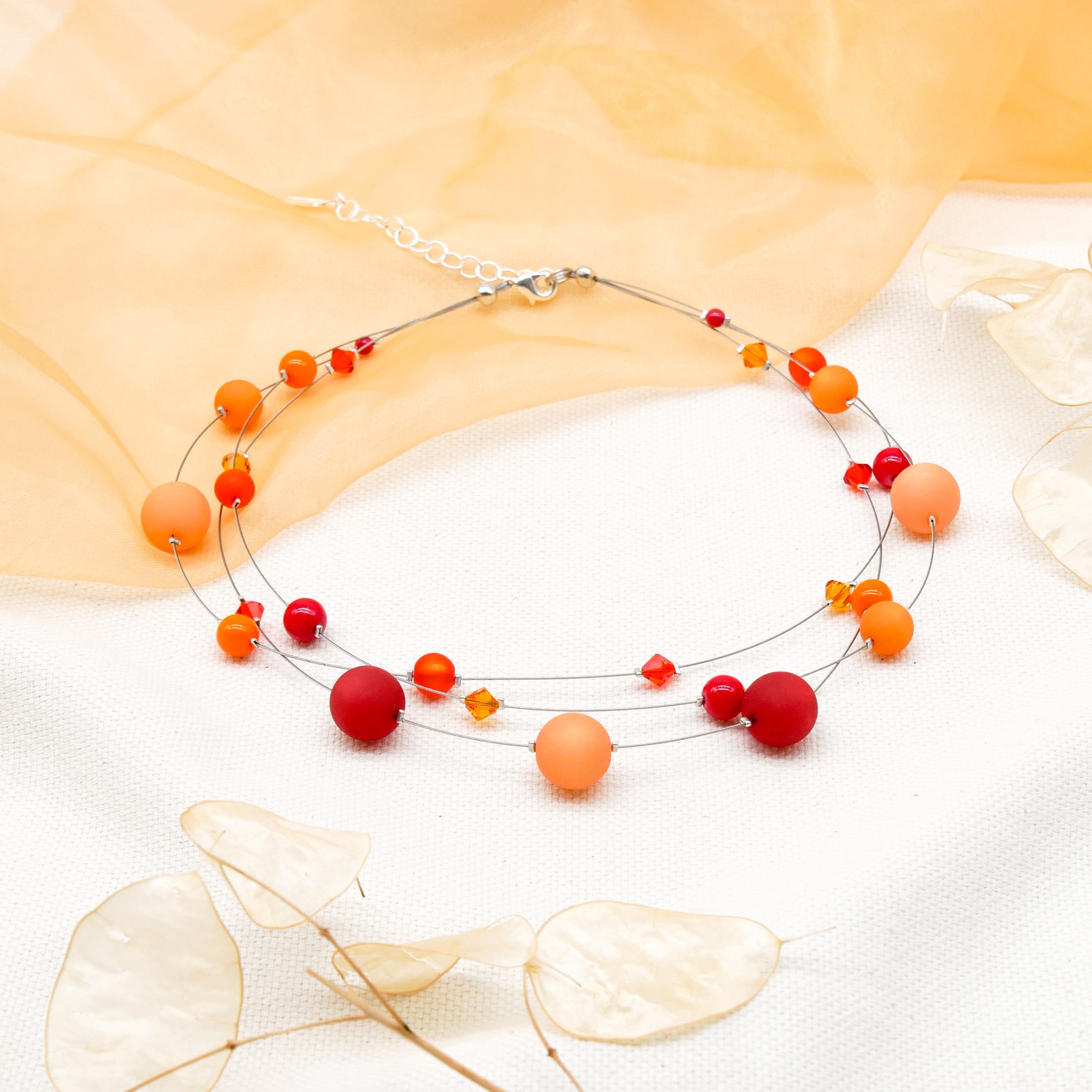 "Color Explosion", kurze 3 Strang Kette mit Polaris- und Kristallperlen - orange "Color Explosion", kurze 3 Strang Kette mit Polaris- und Kristallperlen - orange