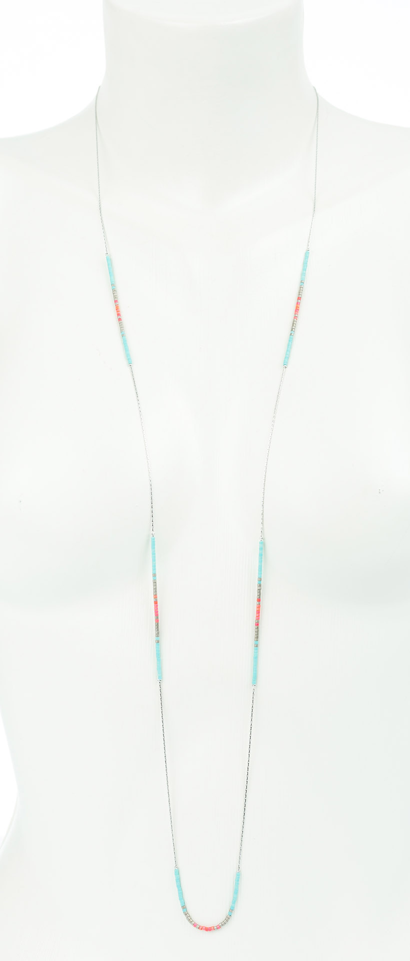 "Petite Beads" feine lange Metallkette mit japan. Rocaillesperlen, türkis-rot, silberfarben