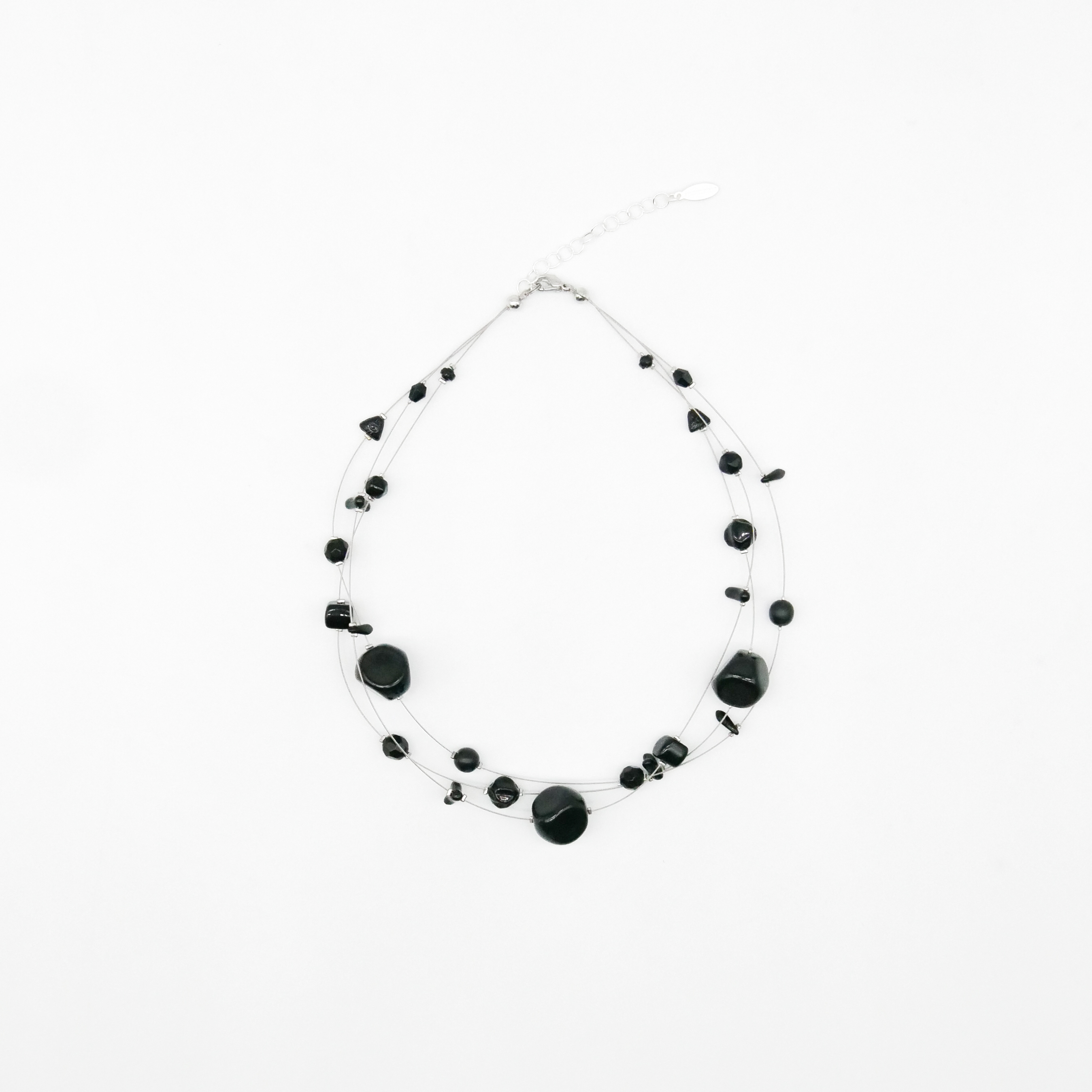  "Jet Schmuck" 3-Strang Kette, schwarze Glasperlen, verschiedene Formen 