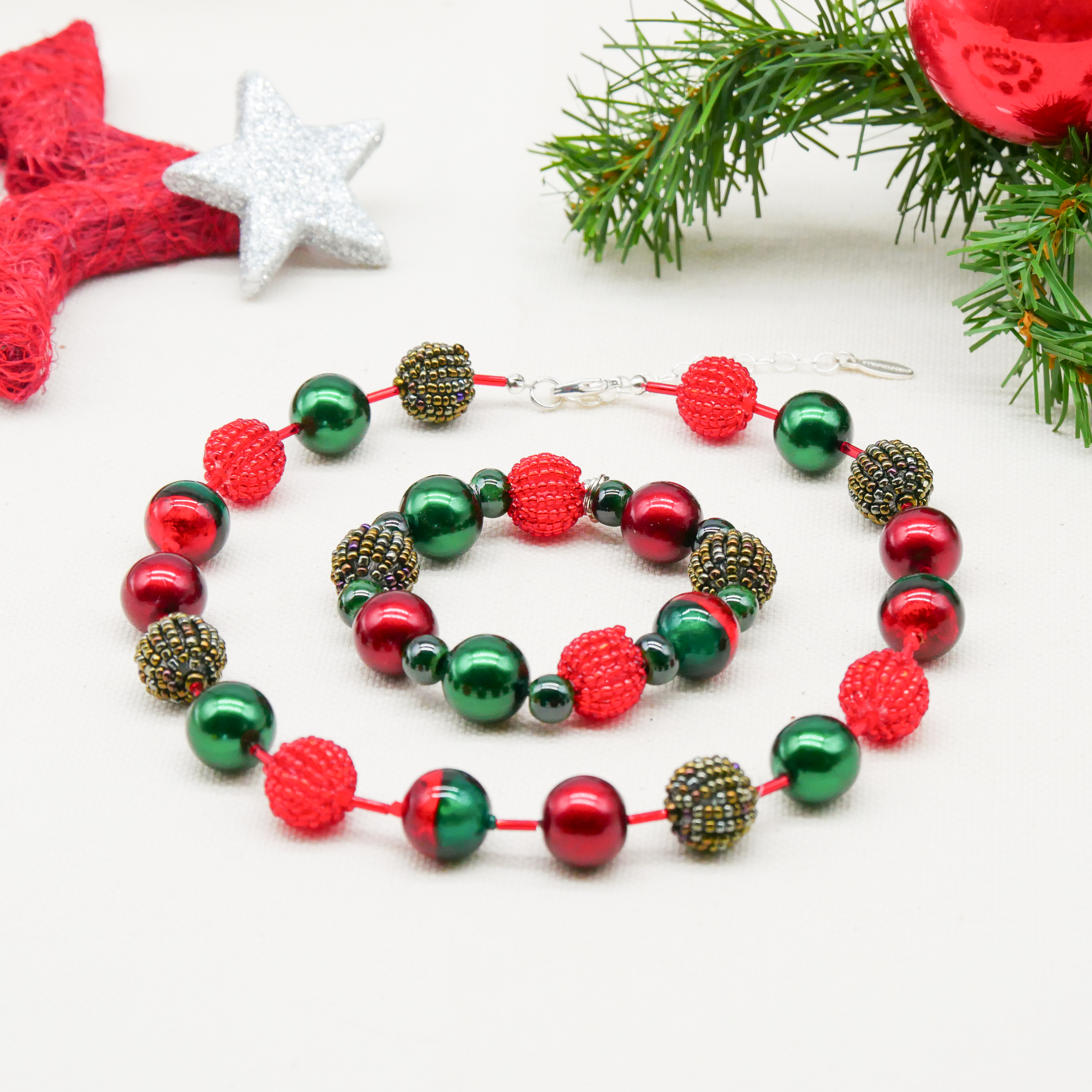  "Fine Bead Art", "Kette Christmas", Lampenperlen, Glasperlen rot-grün