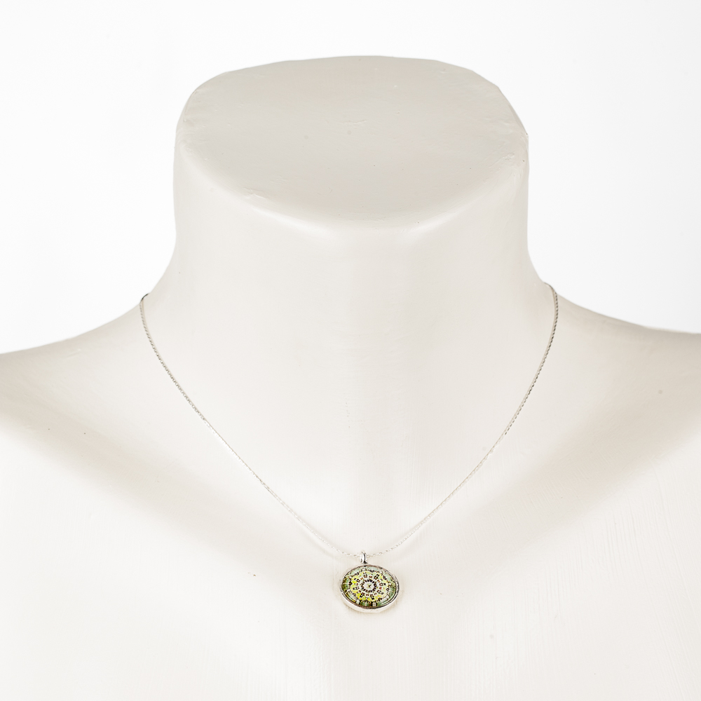 Necklace "Mandala", short, dainty, with glass pendant, pastel green