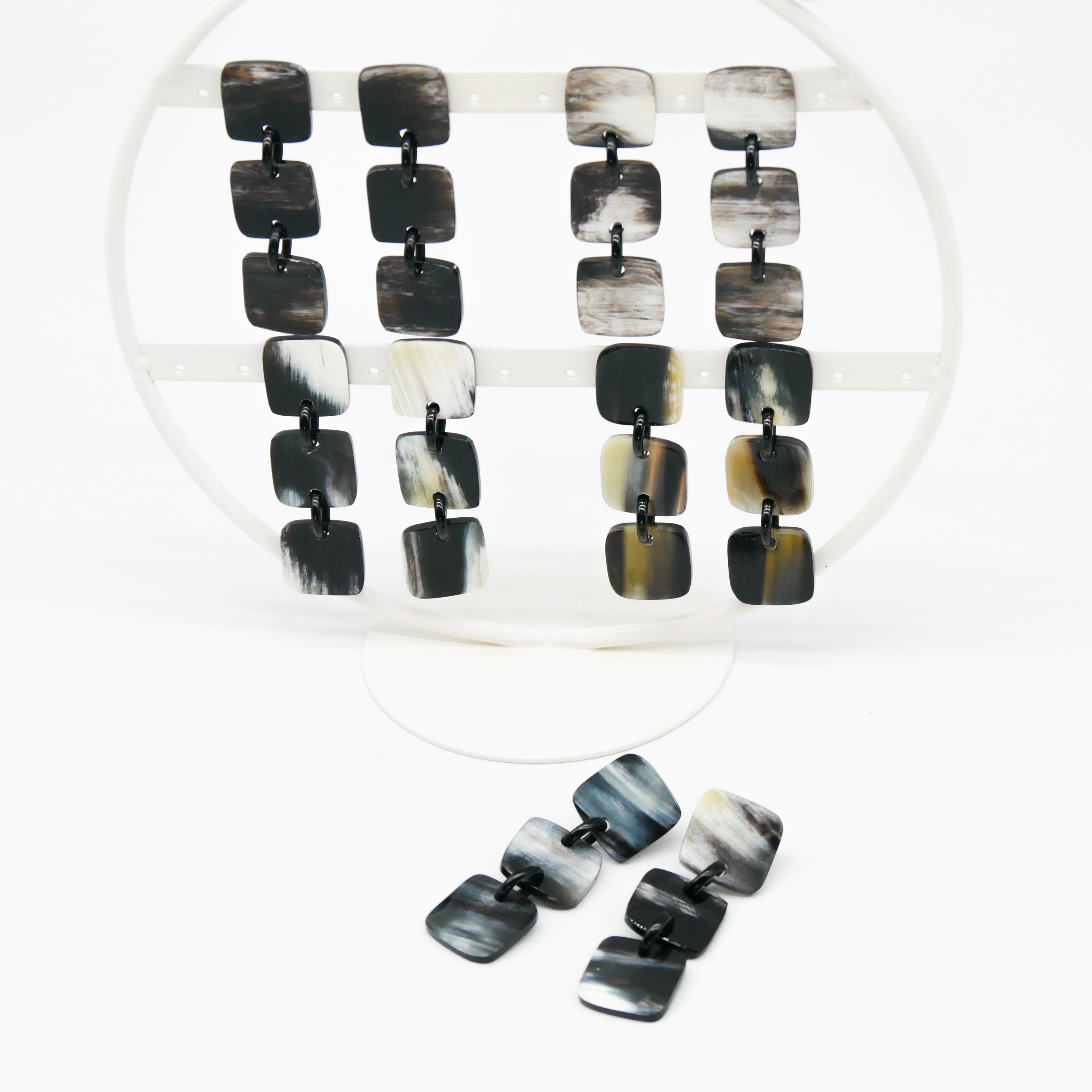 Horn earrings, squares, black-white african horn
