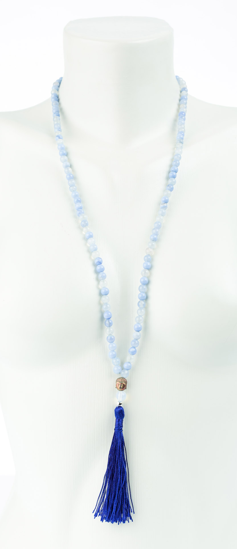 "Buddha" Mala-Kette, wasserblau, dunkelblaue Quaste