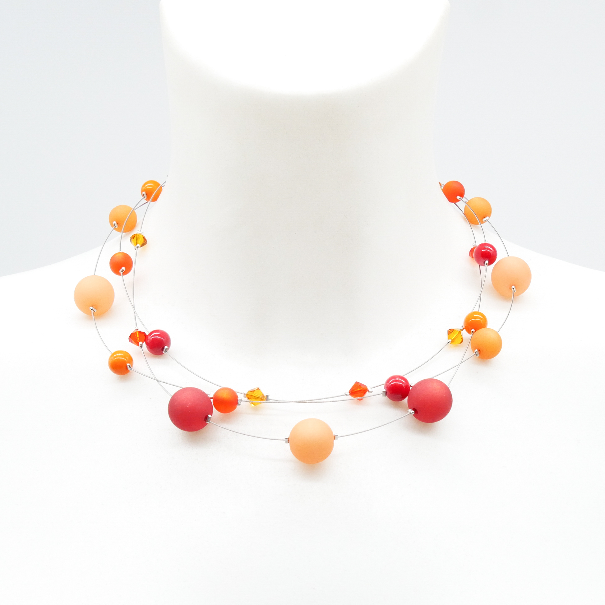 "Color Explosion", kurze 3 Strang Kette mit Polaris- und Kristallperlen - orange