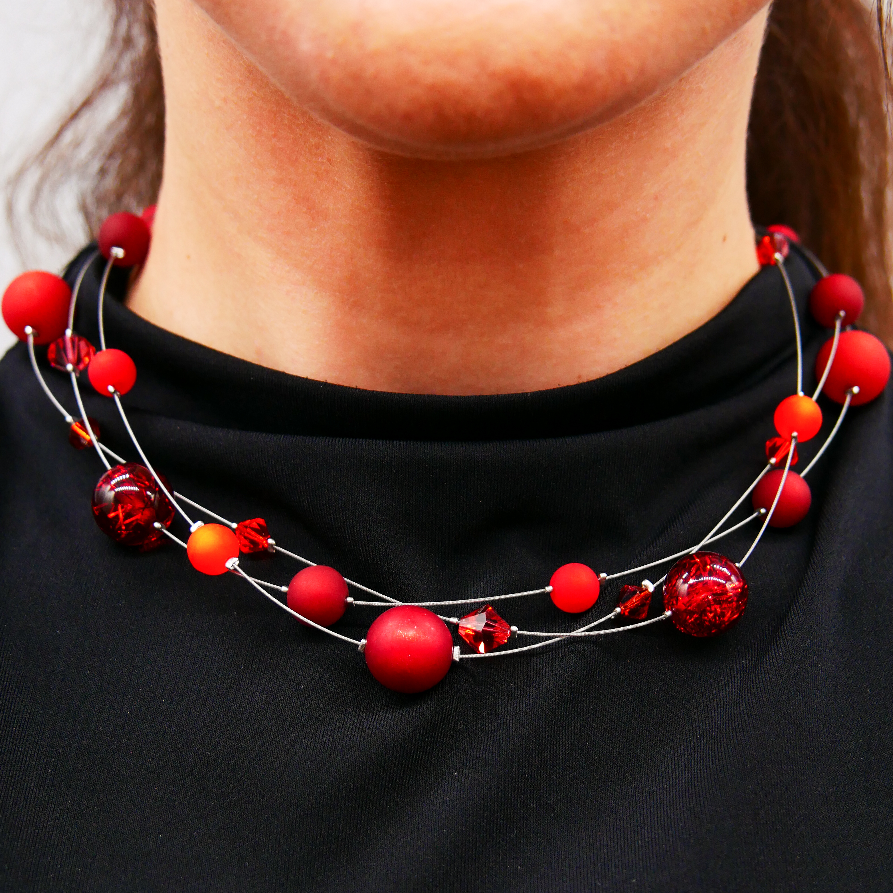 “Color Explosion”, short 3 strand necklace with polaris beads - sunset red “Color Explosion”, short 3 strand necklace with polaris beads - sunset red