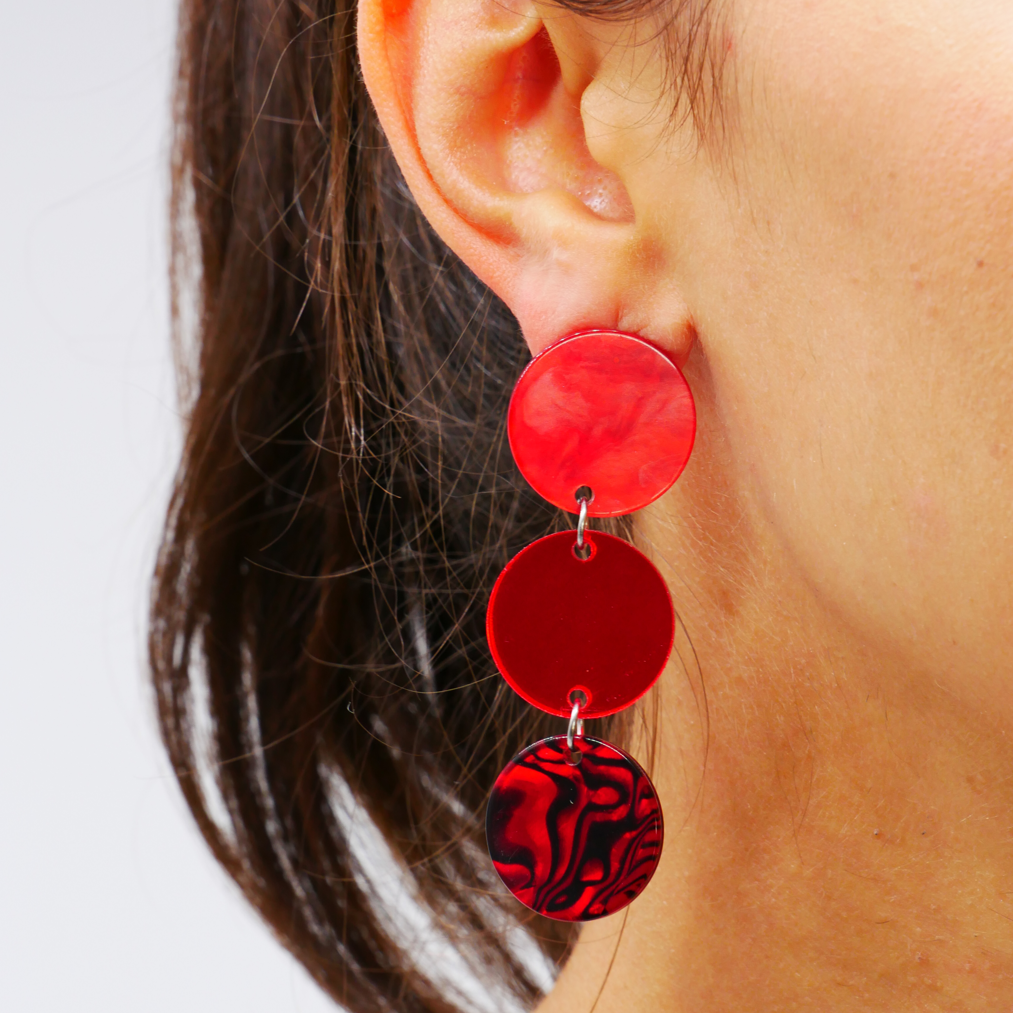 "Color Explosion", stud earrings 3pcs traffic light Ø 22 mm red pearl