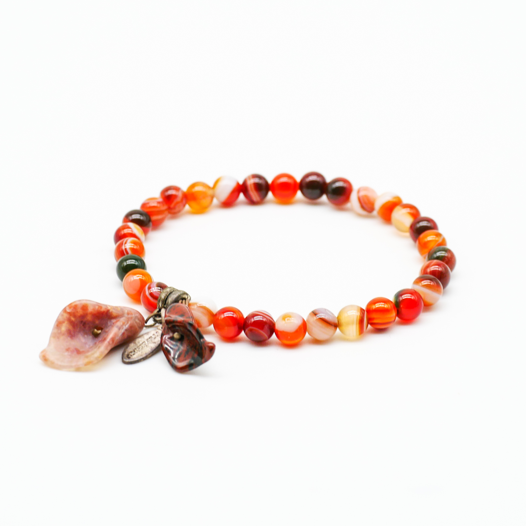 "Buddha" Armband auf Gummi, moccafarbener Achat mit Obsidian- und Jaspisblüte