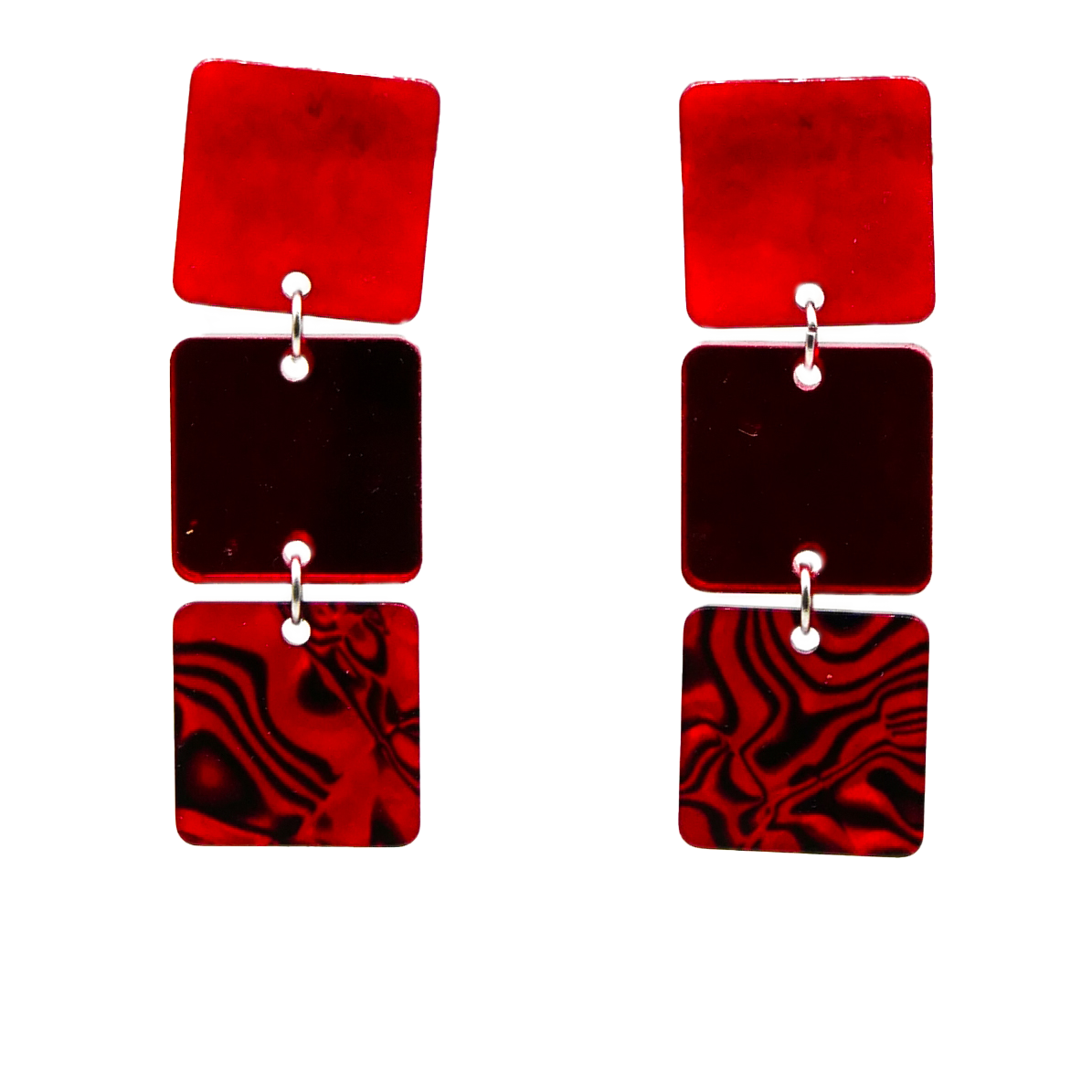 "Color Explosion", Ohrstecker 3er Ampel flache Quadrate 20 mm red pearl
