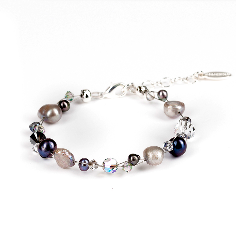 "Freshwater Pearls" 2er Armband aus Süßwasserperlen und Swarovski Elementen, light grey-crystal-para