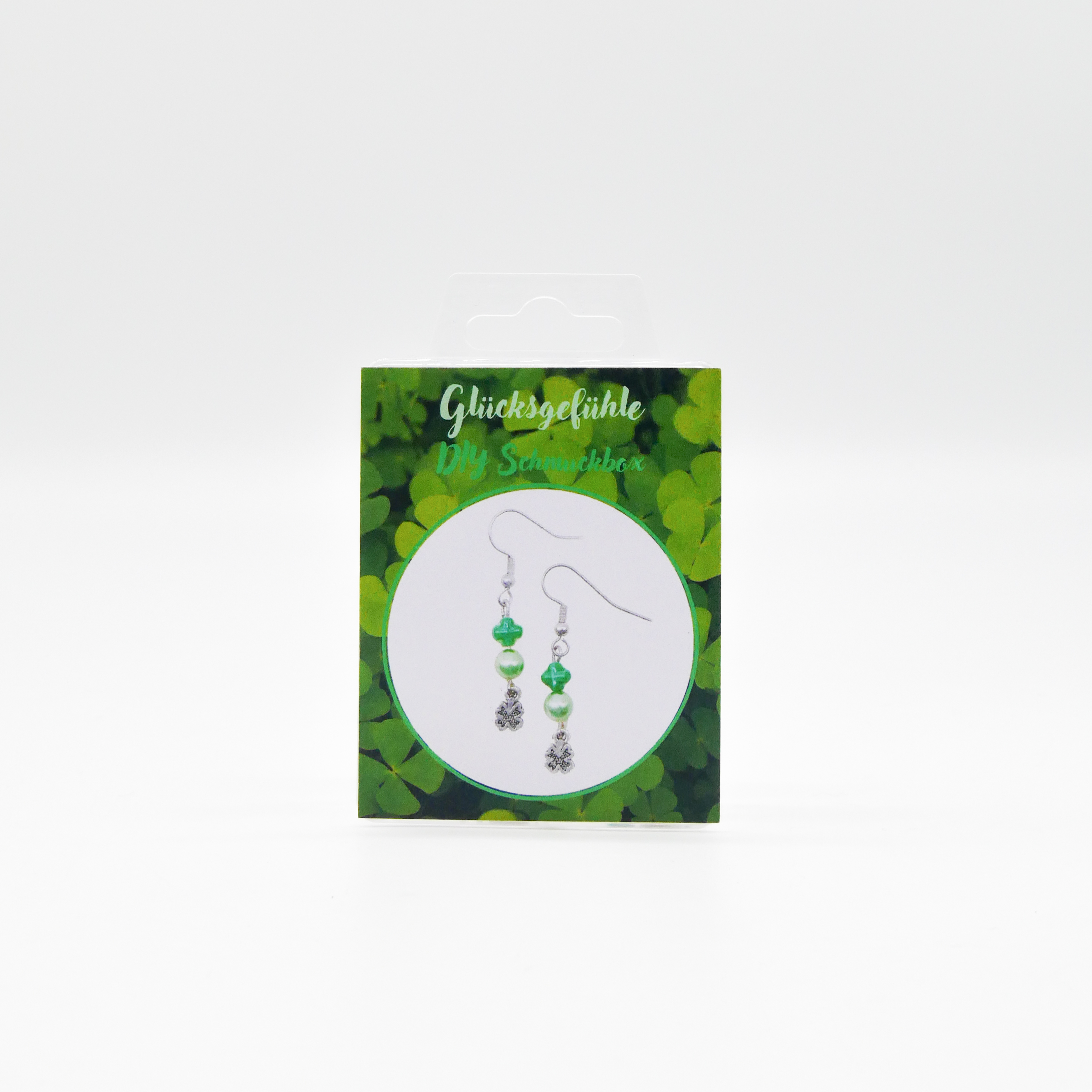 DIY kleine Schmuckbox, Ohrring Glücksgefühle, 925er Ohrhaken grüne Glasperlen, Metallanhänger