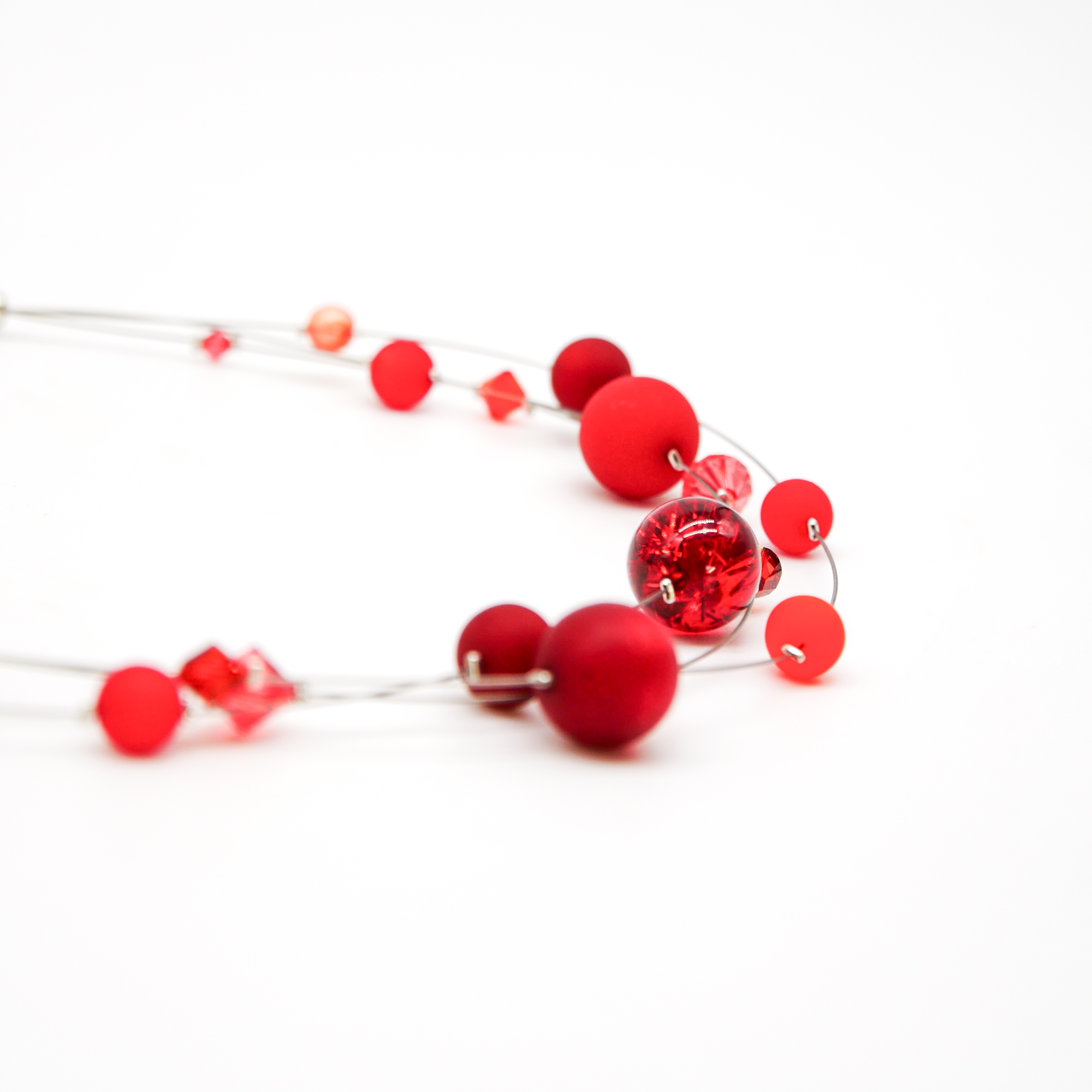 “Color Explosion”, short 3 strand necklace with polaris beads - sunset red “Color Explosion”, short 3 strand necklace with polaris beads - sunset red