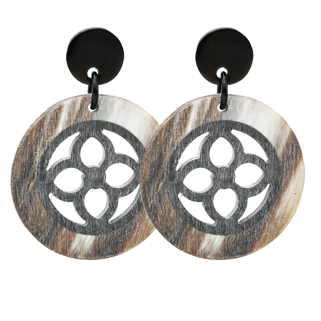 "Art Craft"  earrings with round pendant made of matted african and black buffalo horn, 