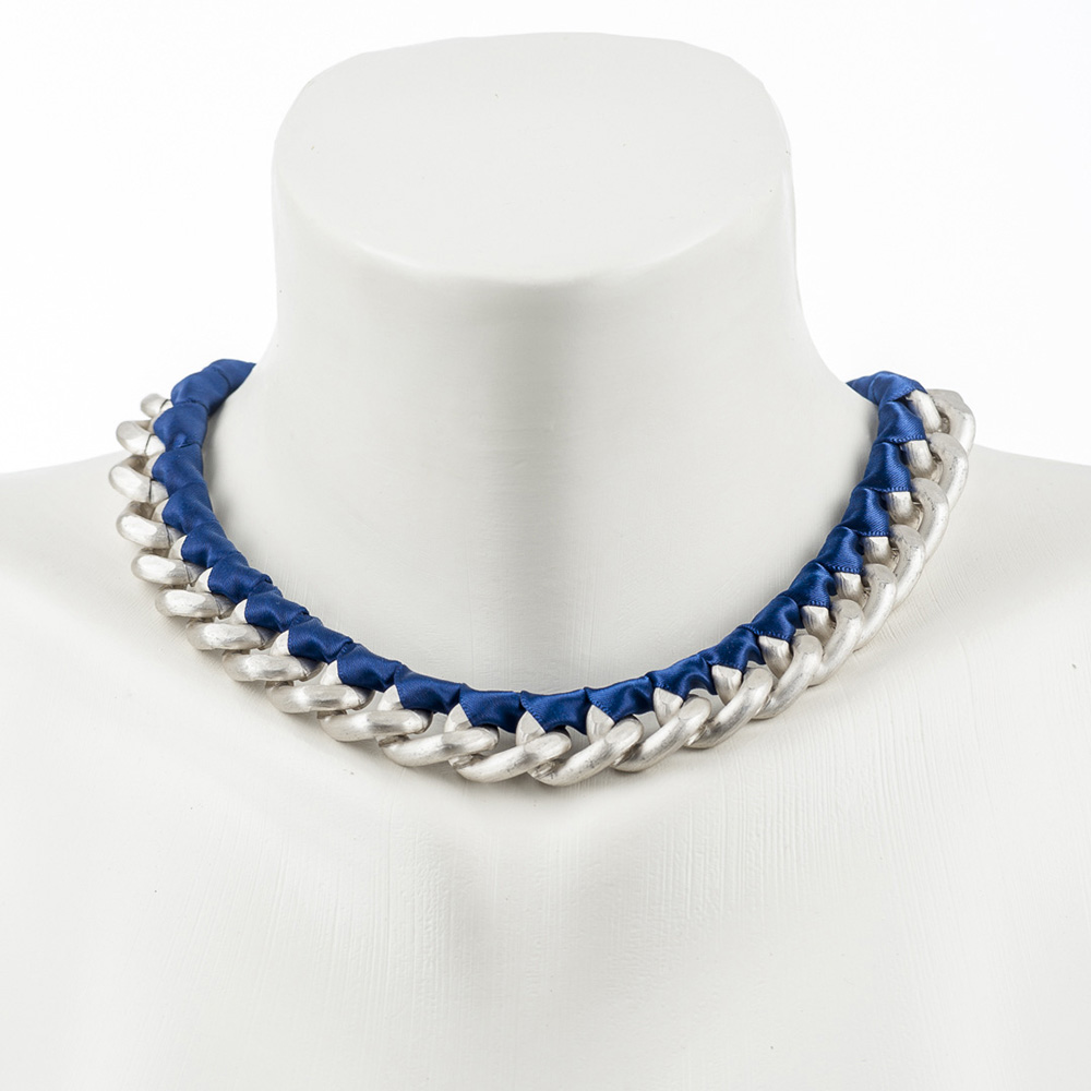 Panzerkette mit Stoffband, silber-blau