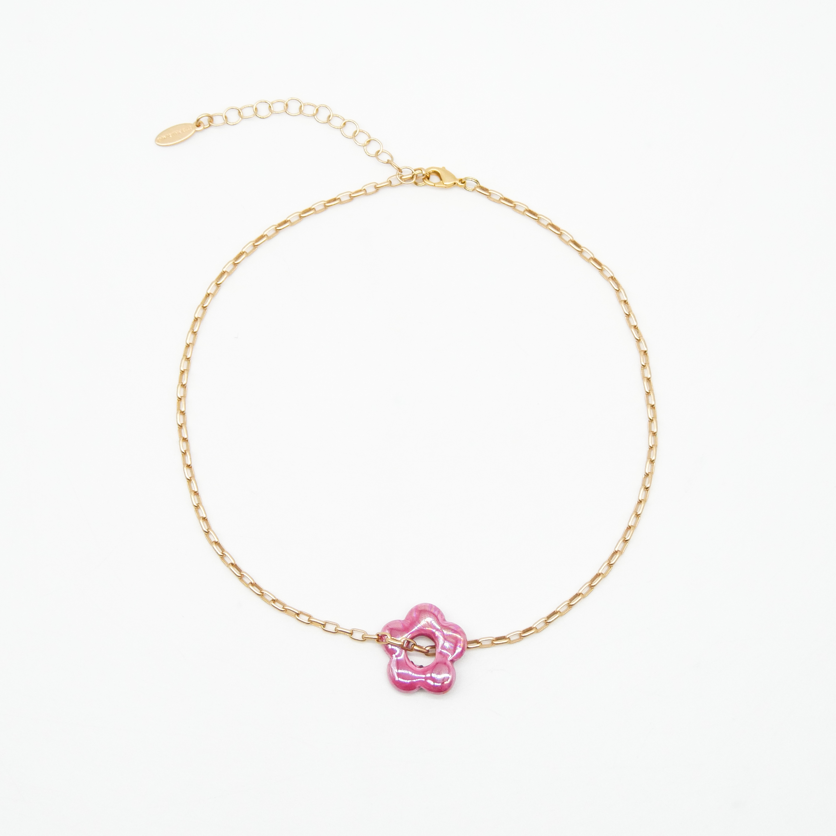 "Summer-Feeling", Kurze Metallkette vergoldet, Keramikblume fuchsia "Summer-Feeling", Kurze Metallkette vergoldet, Keramikblume fuchsia