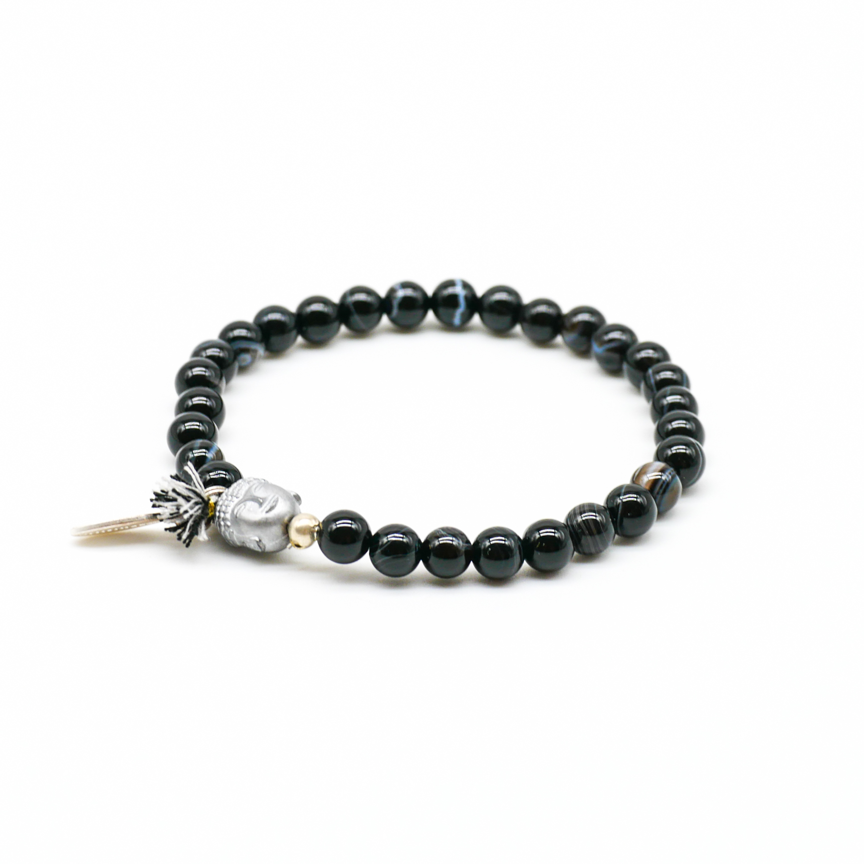 "Buddha" Armband auf Gummi, schwarz-grau gefärberter Achat mit Hämatit Buddha