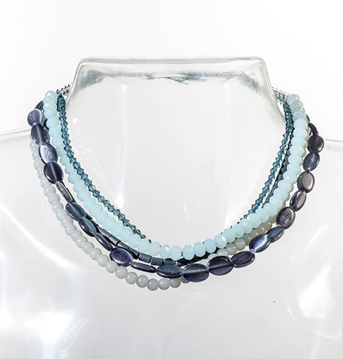 mehrsträngige Kette mit Glasperlen, kurz, blau