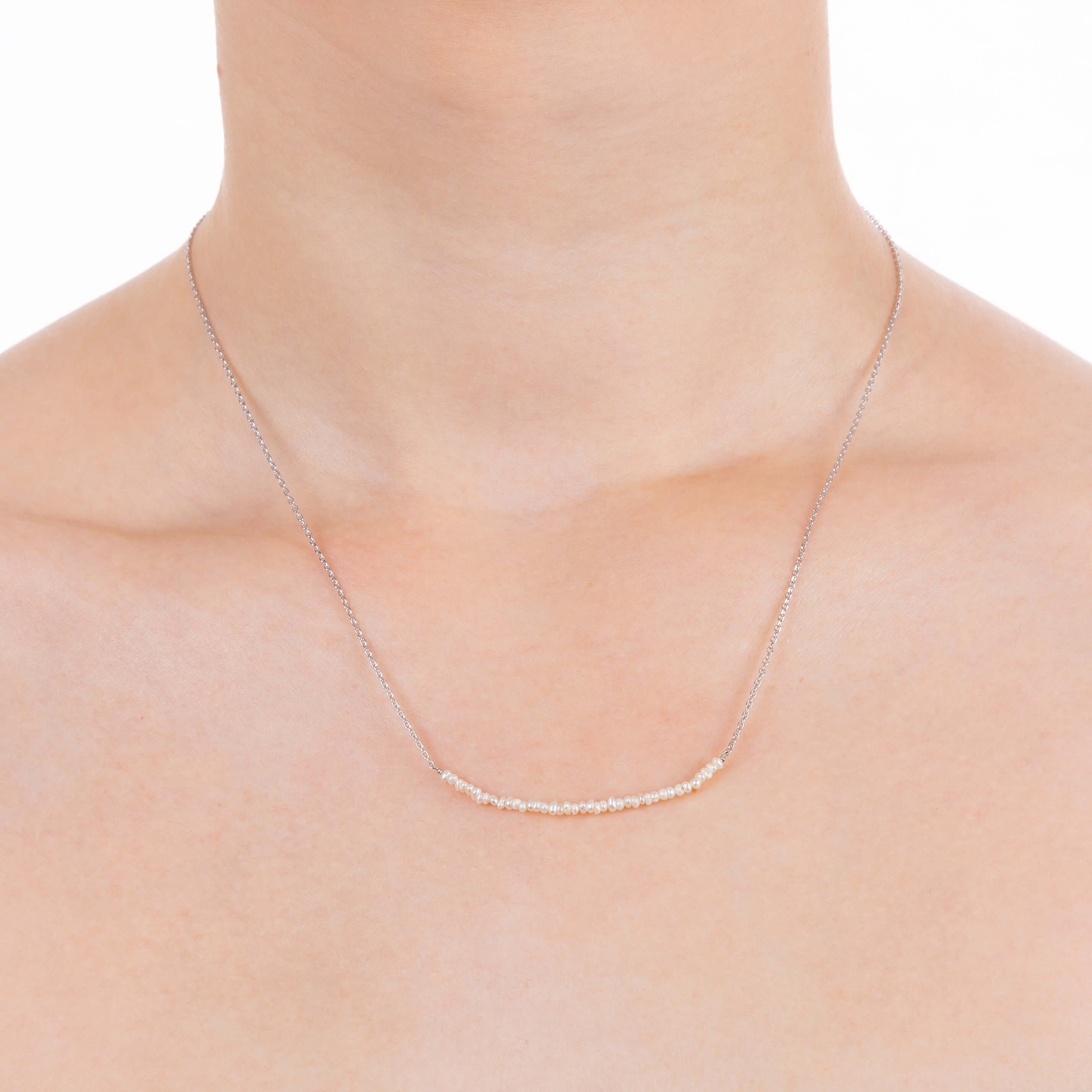 "Freshwater Pearls" dainty short necklace, little round freshwater pearls, silver plated