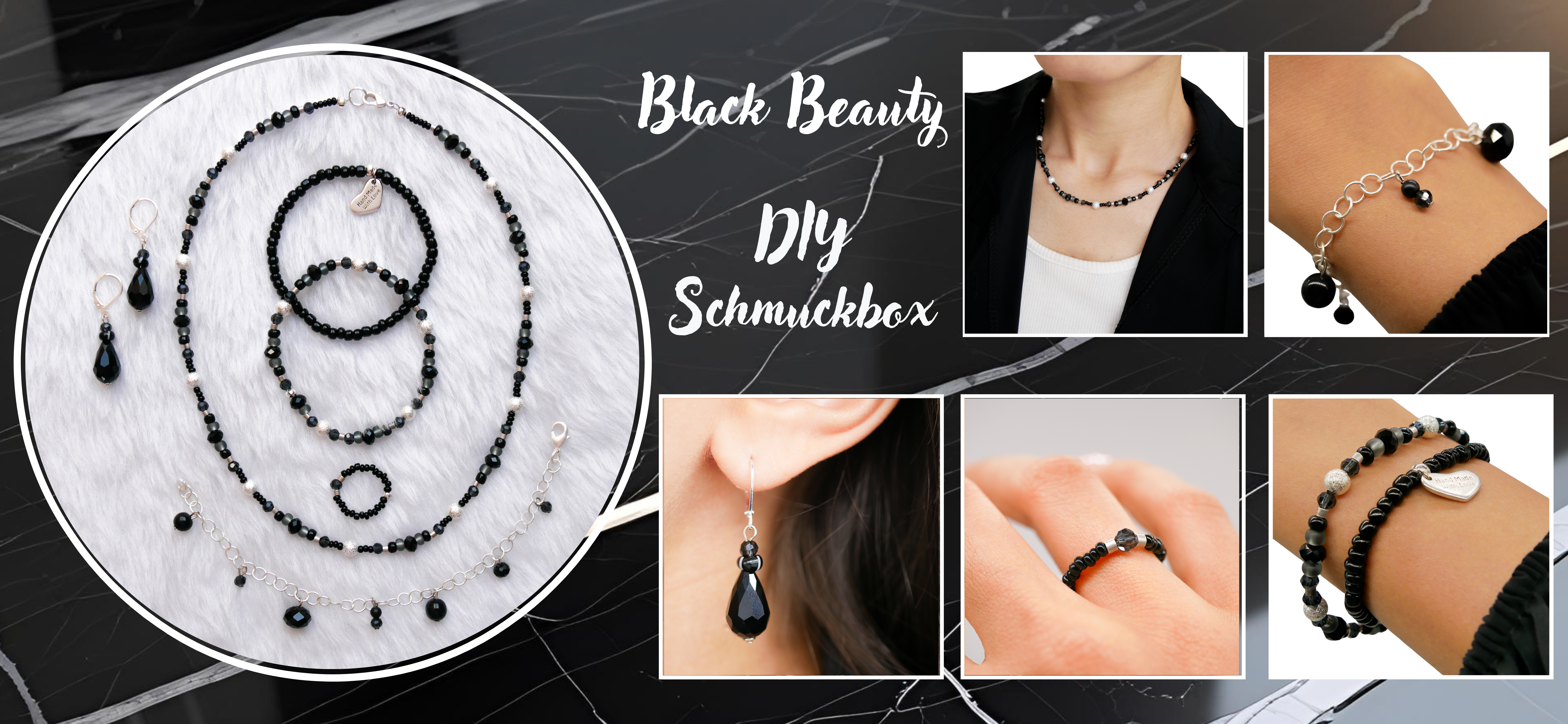  DIY Schmuckbox, Black Beauty, 1x Ring, 1x Kette, 3x Armband, 1x Ohrring