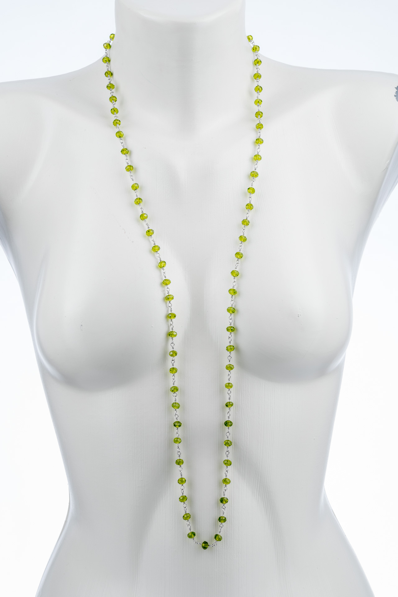 "Steinzähne" lange Kette mit Glaskristallen - oliv