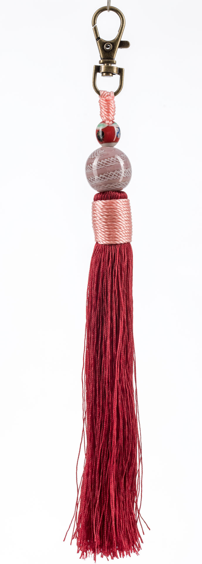 "Lucky Pendant" Pendant - brown colored with lamp glass bead - antique pink and tassel - burgundy