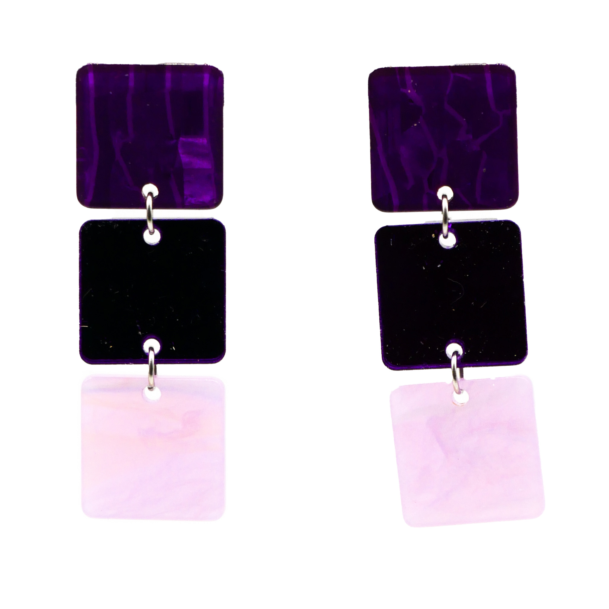 "Color Explosion", Ohrstecker 3er Ampel flache Quadrate 20 mm purple