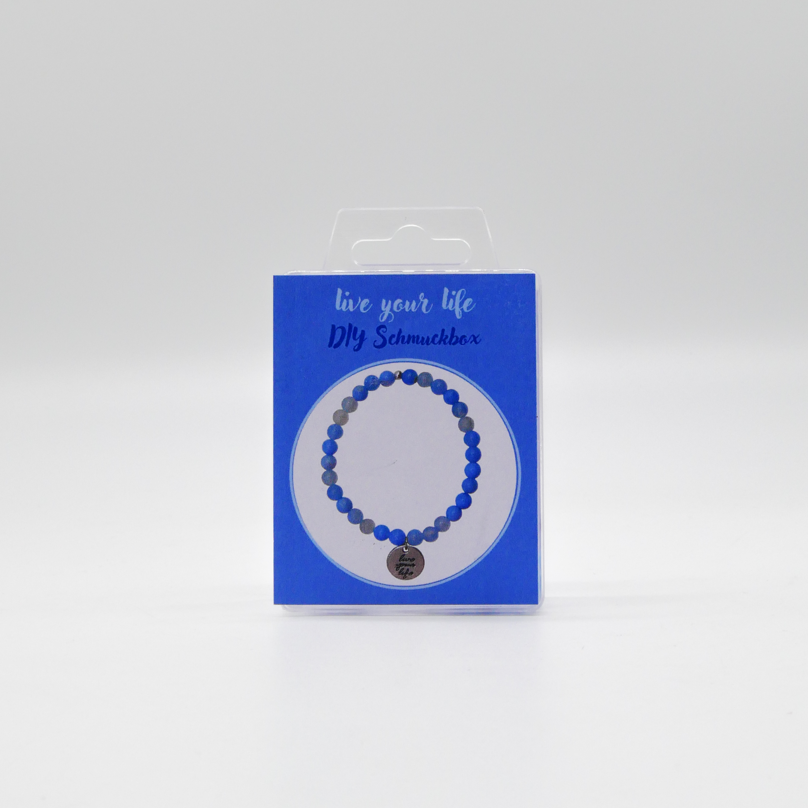 DIY kleine Schmuckbox, Armband live your Life, hellblauer Achat ø 6 mm, Metallanhänger